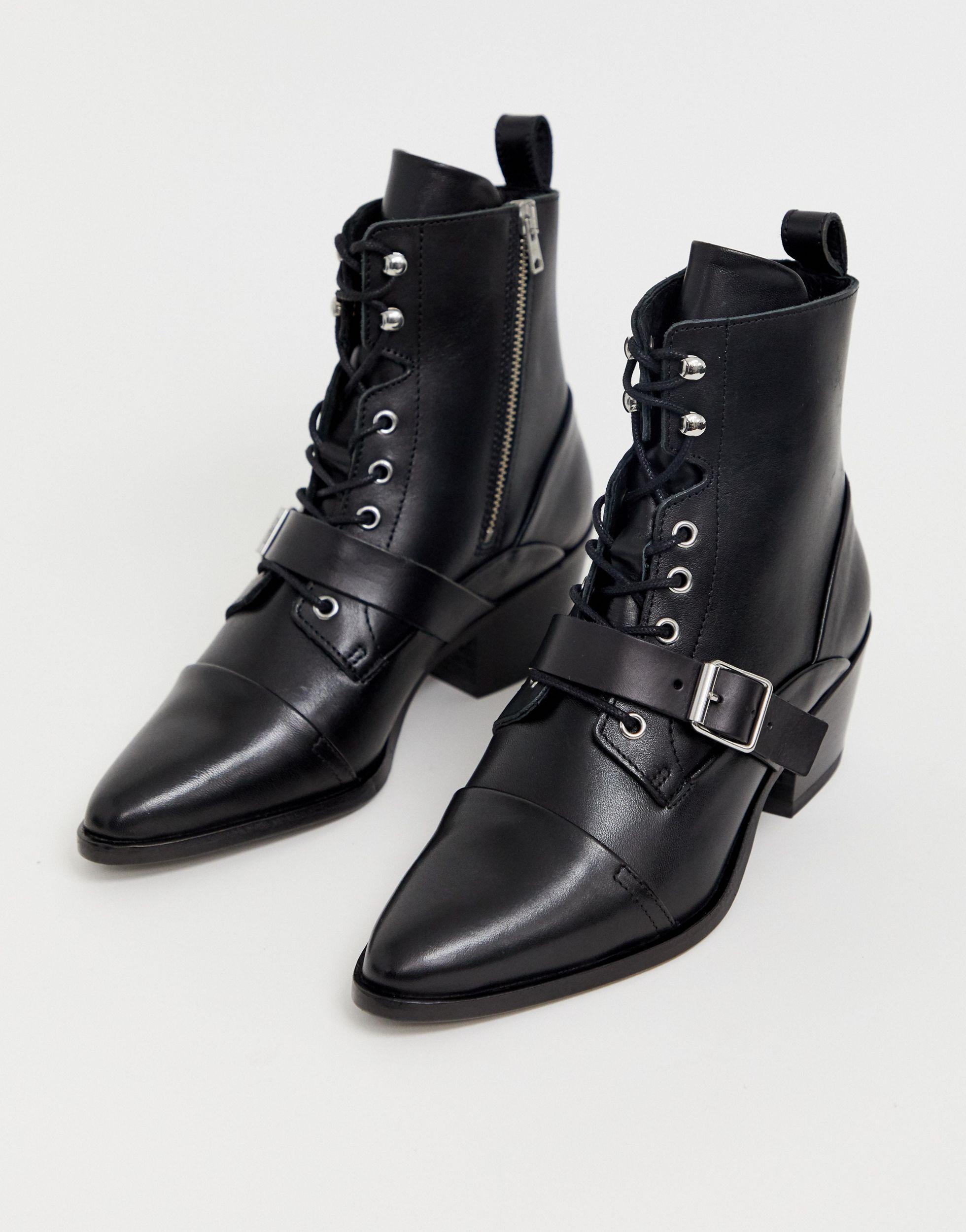 AllSaints Women's Black Katy Lace Up Heeled Leather Boots With Buckle