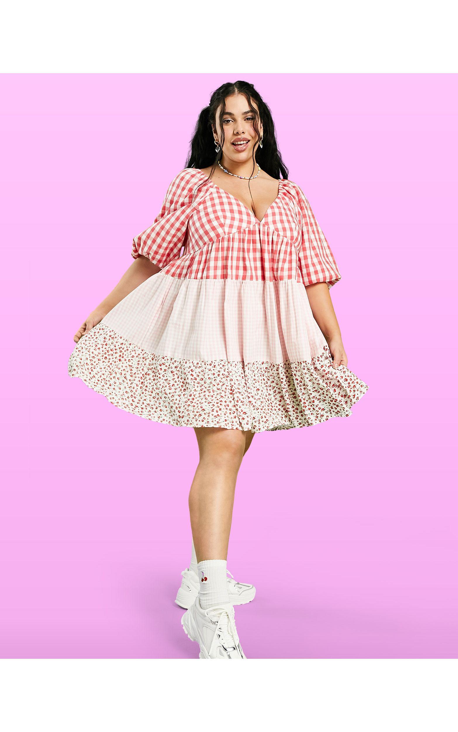 ASOS Asos Design Curve Mixed Gingham And Floral Tiered Mini Smock Dress in  Pink | Lyst