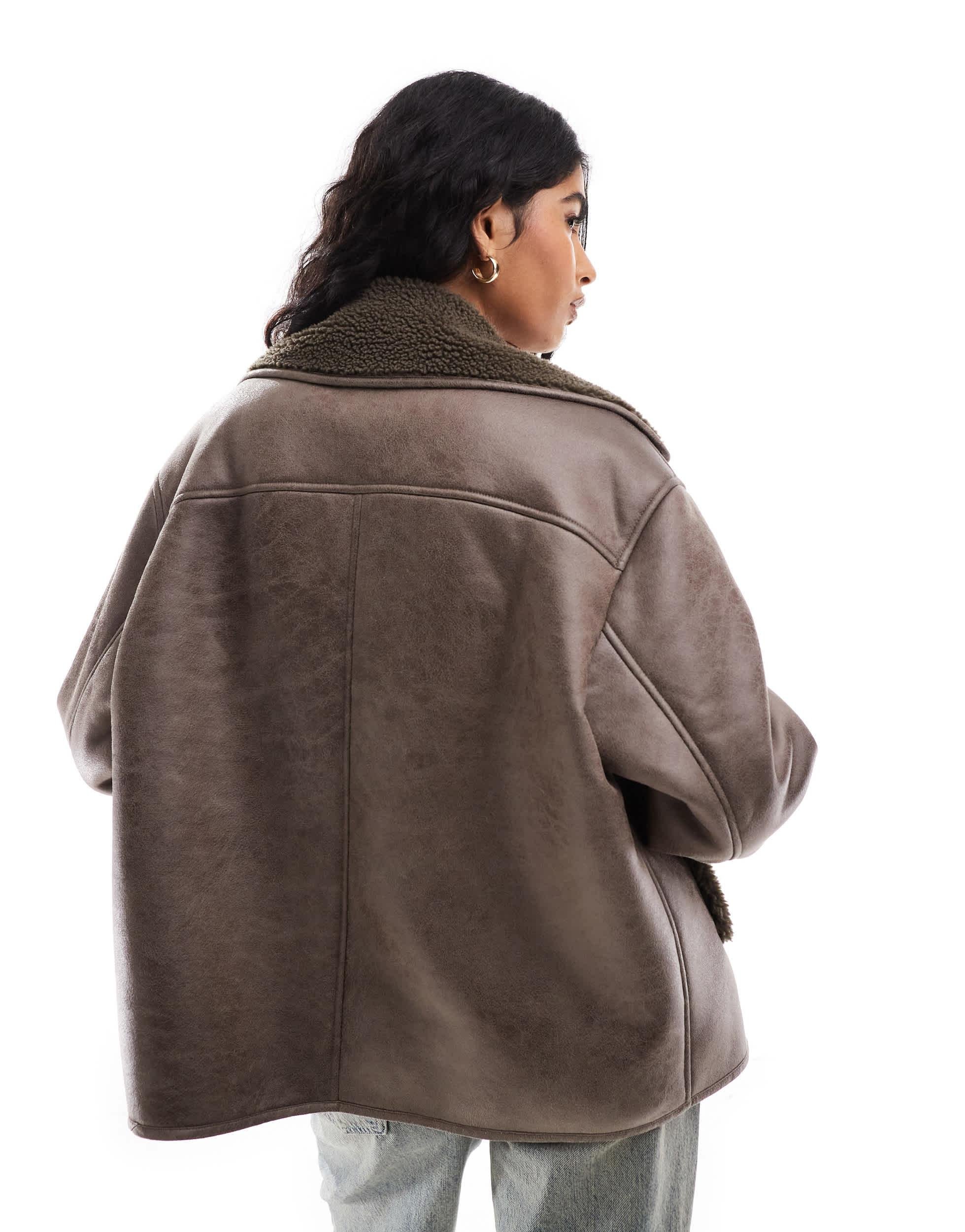 Biker Jacket Stradivarius Borg Shacket In Beige Biker Jacket