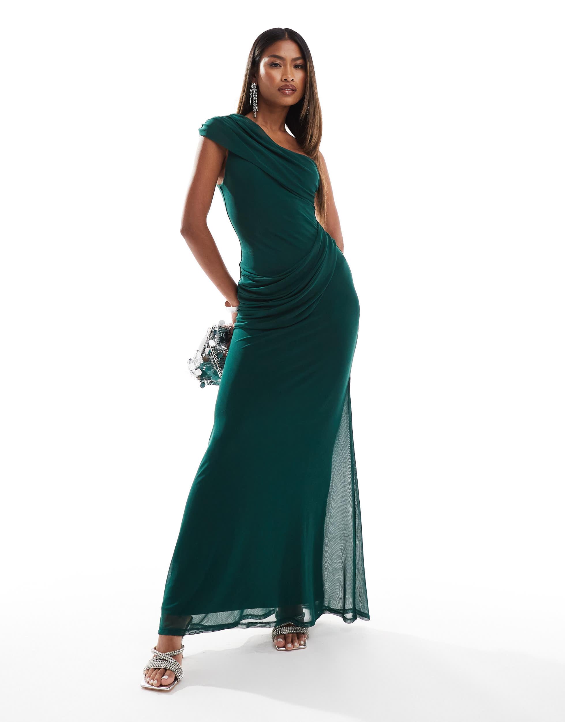 asos one shoulder tulle maxi dress ASOS DESIGN one shoulder tulle wired hem maxi dress in forest green