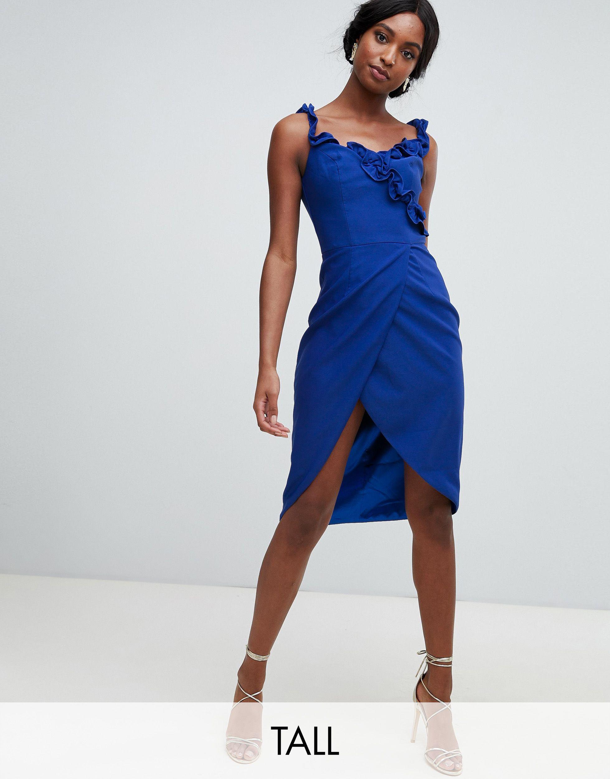 Chi Chi London Silk Wrap Pencil Dress With Frill Detail In Cobalt in Blue |  Lyst