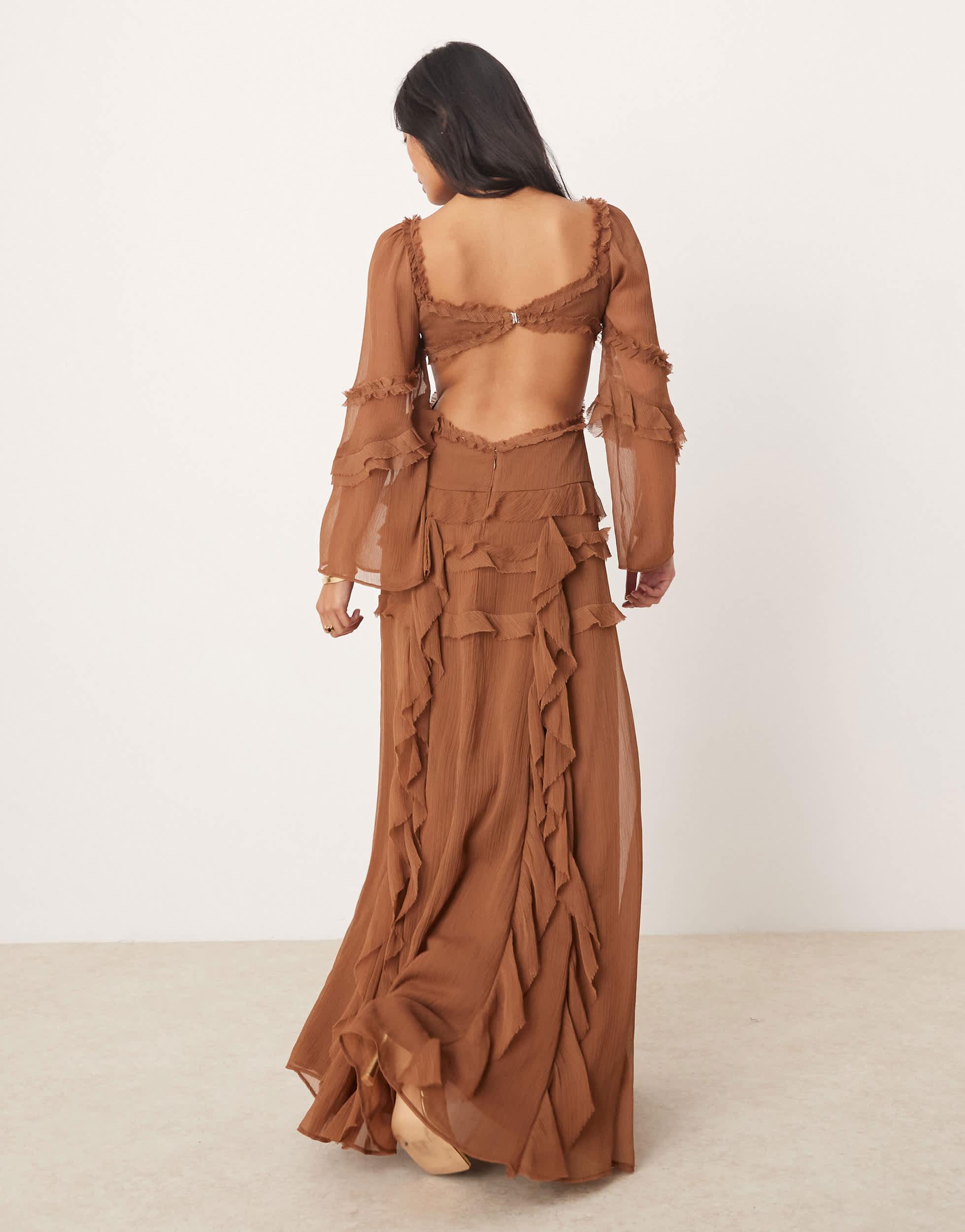 ASOS Asos Design Petite Ruffle V Neck Long Sleeve Maxi Dress in Brown | Lyst