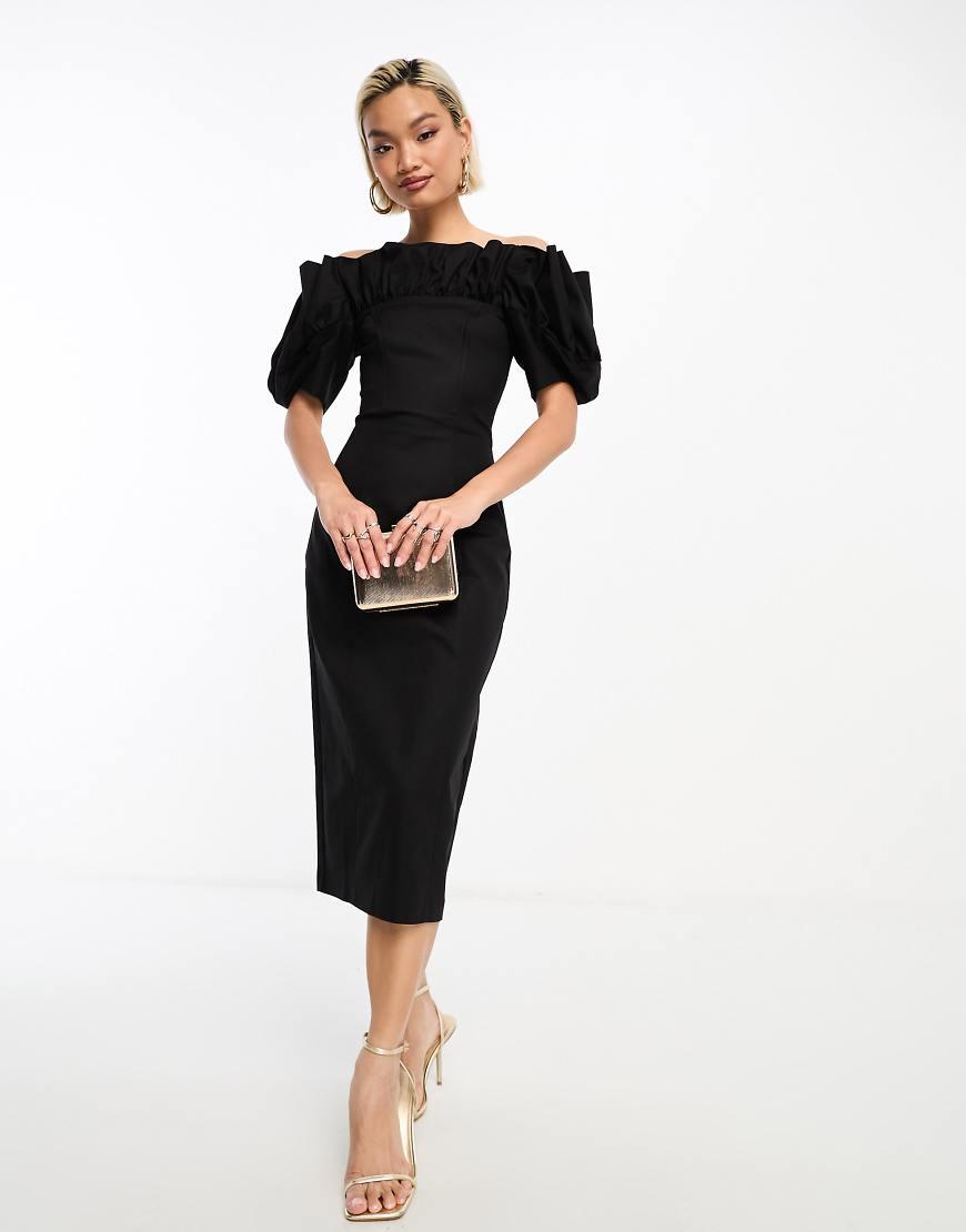 Other Stories Corseted Stretch Midi Dress With Ruffle And Volume
