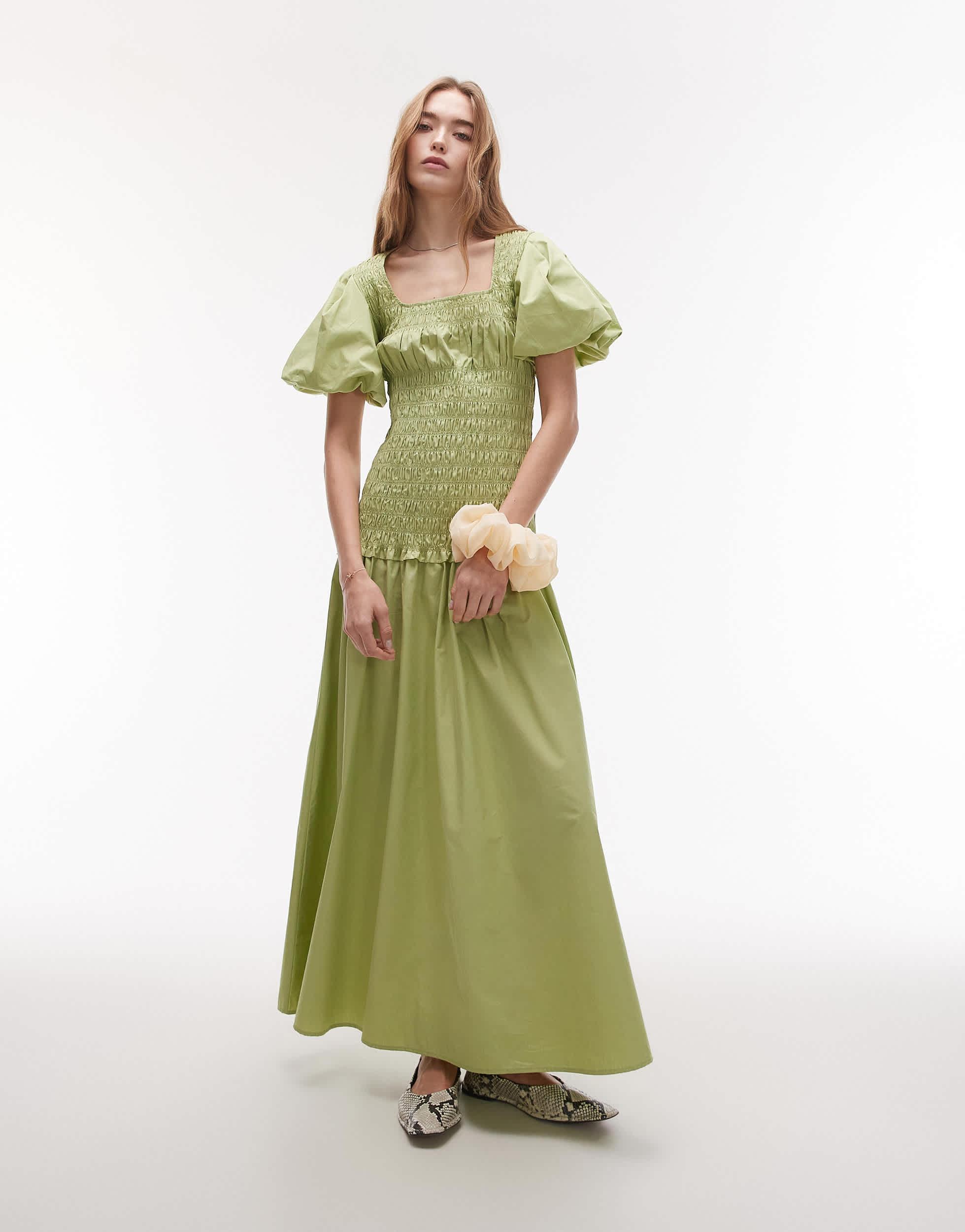 topshop puff sleeve midi dress Topshop puff sleeve cut out midi dress in green floral
