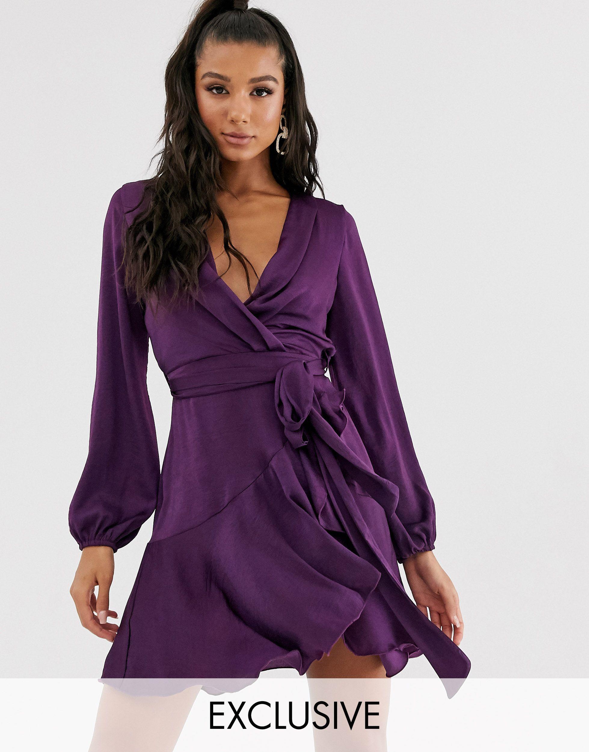 Flounce London Satin Mini Wrap Dress in Purple | Lyst