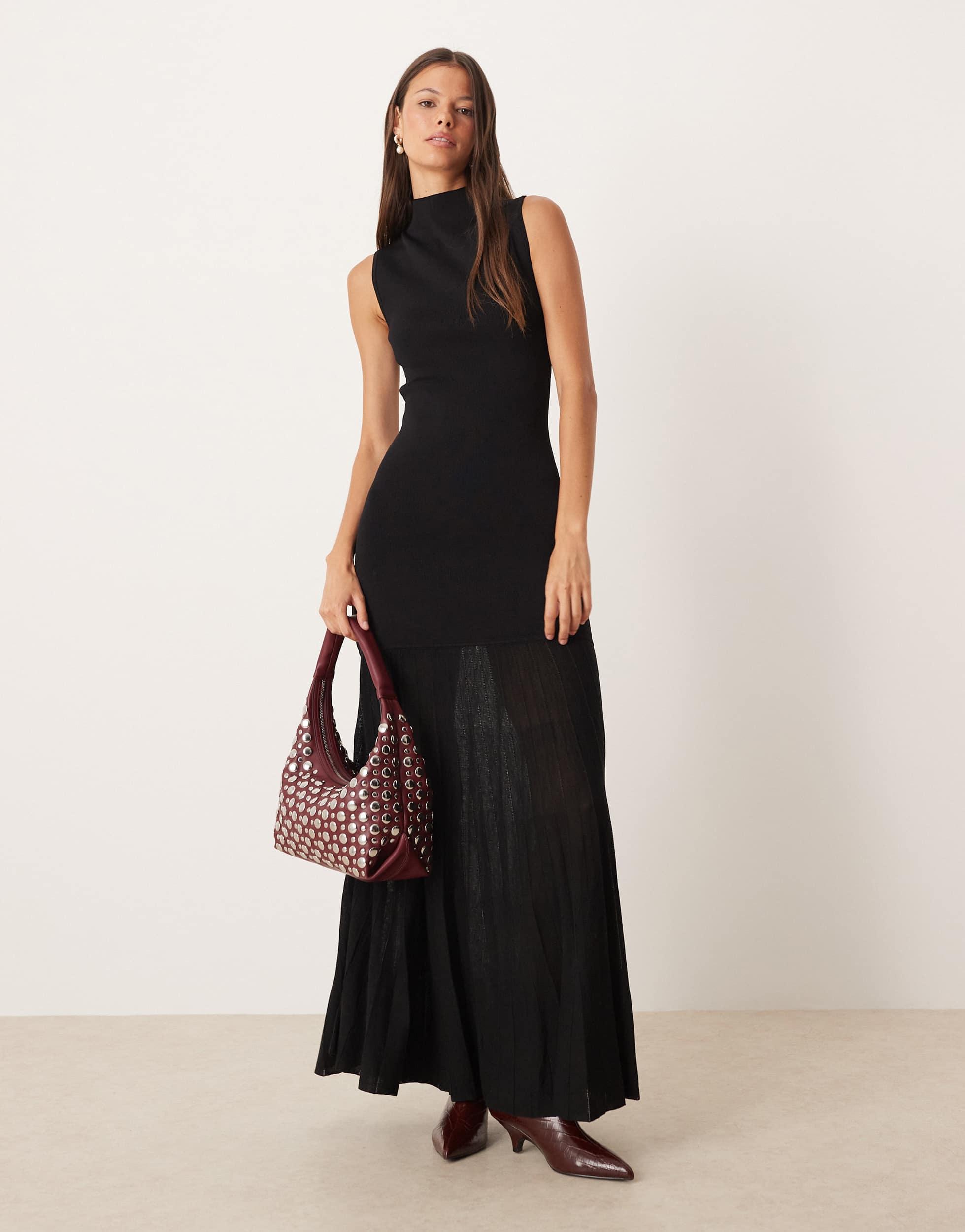 Mango High Neck Sleeveless Maxi Dress With Sheer Skirt in Black | Lyst