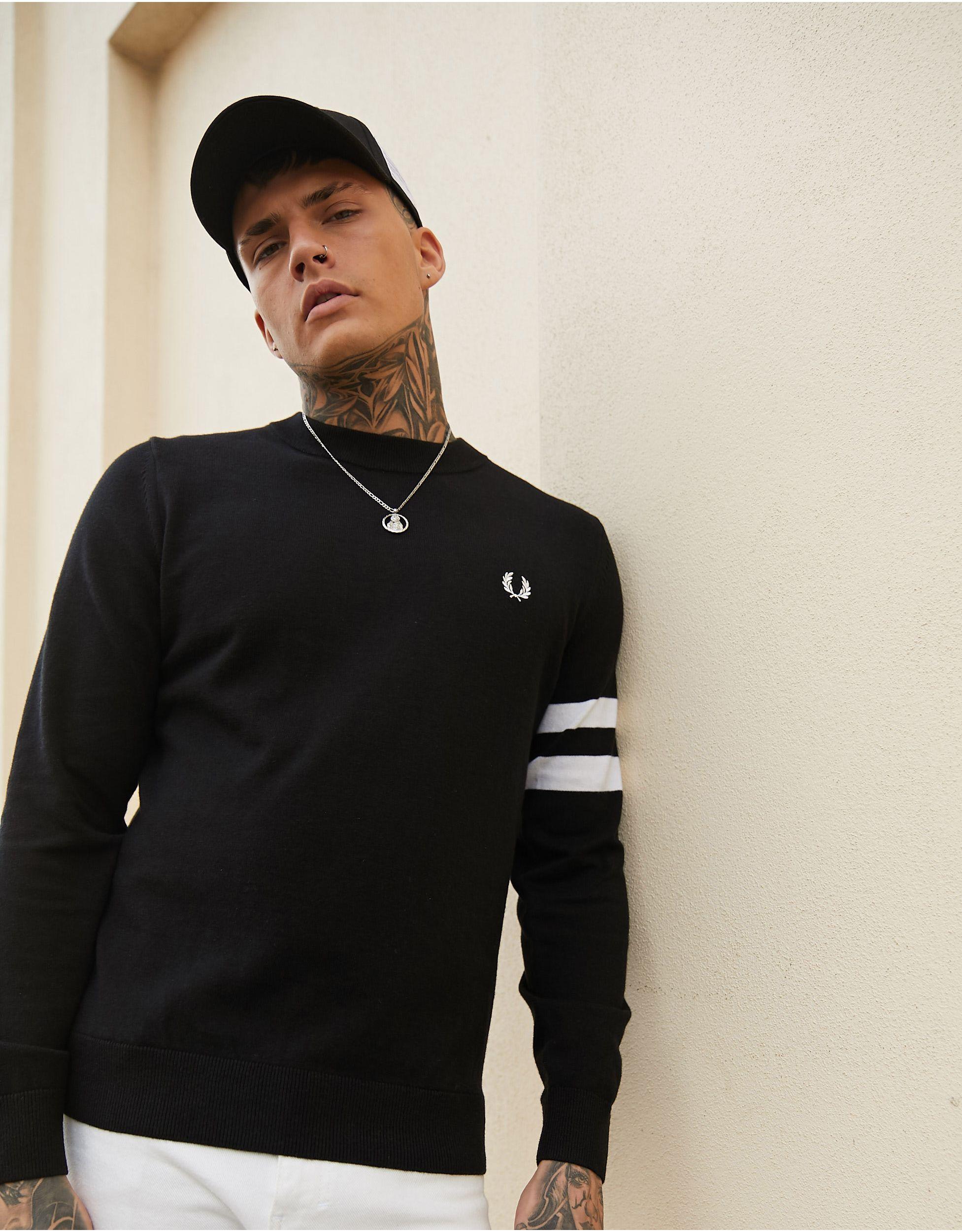 Fred Perry Twin Arm Stripe Wool Jumper in Black for Men | Lyst