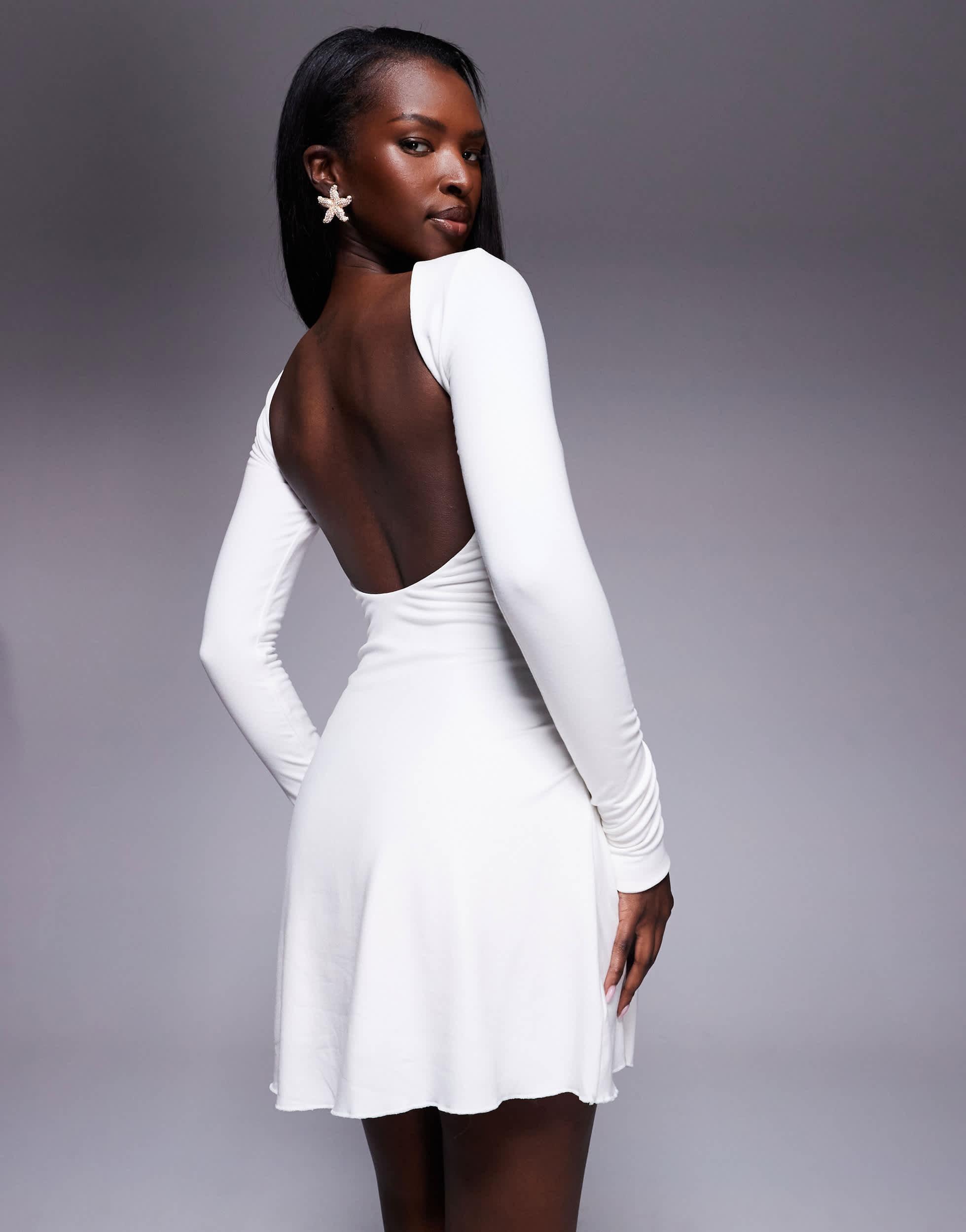 Oh Polly Long White Open Back Dress Modal Ruched Open-Back Mini