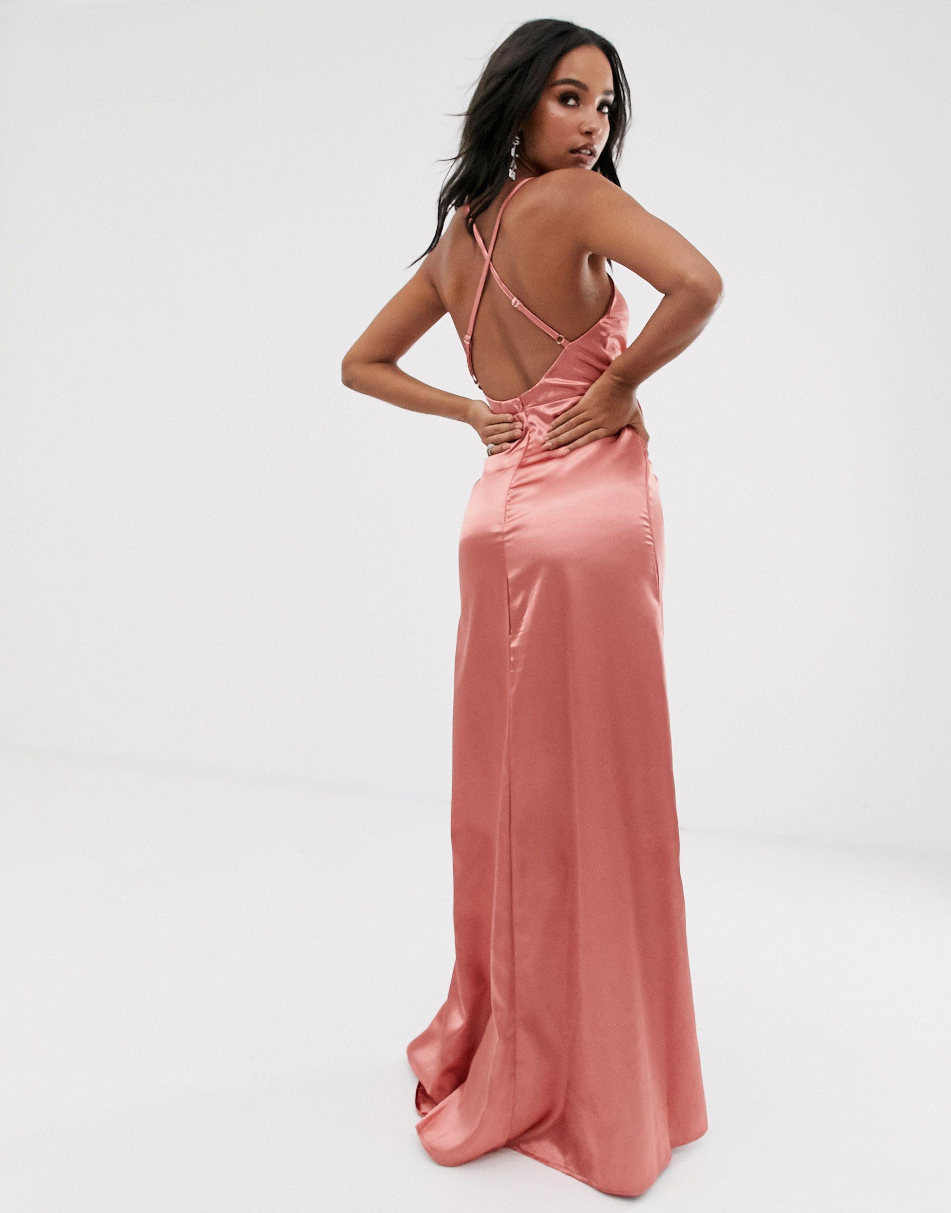 Club L London Satin Plunge Front Maxi Dress With High Thigh Split in Pink |  Lyst
