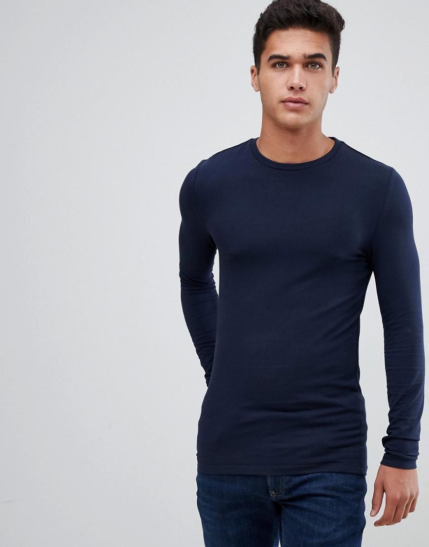 ASOS Cotton Muscle Fit Long Sleeve Crew Neck T-shirt In Navy in Blue ...