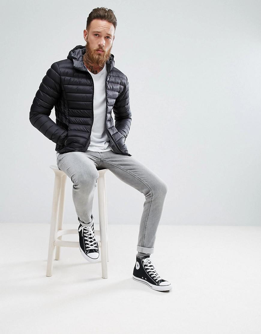 Schott Nyc Silverado Down Puffer Jacket Hooded Slim Fit In Black