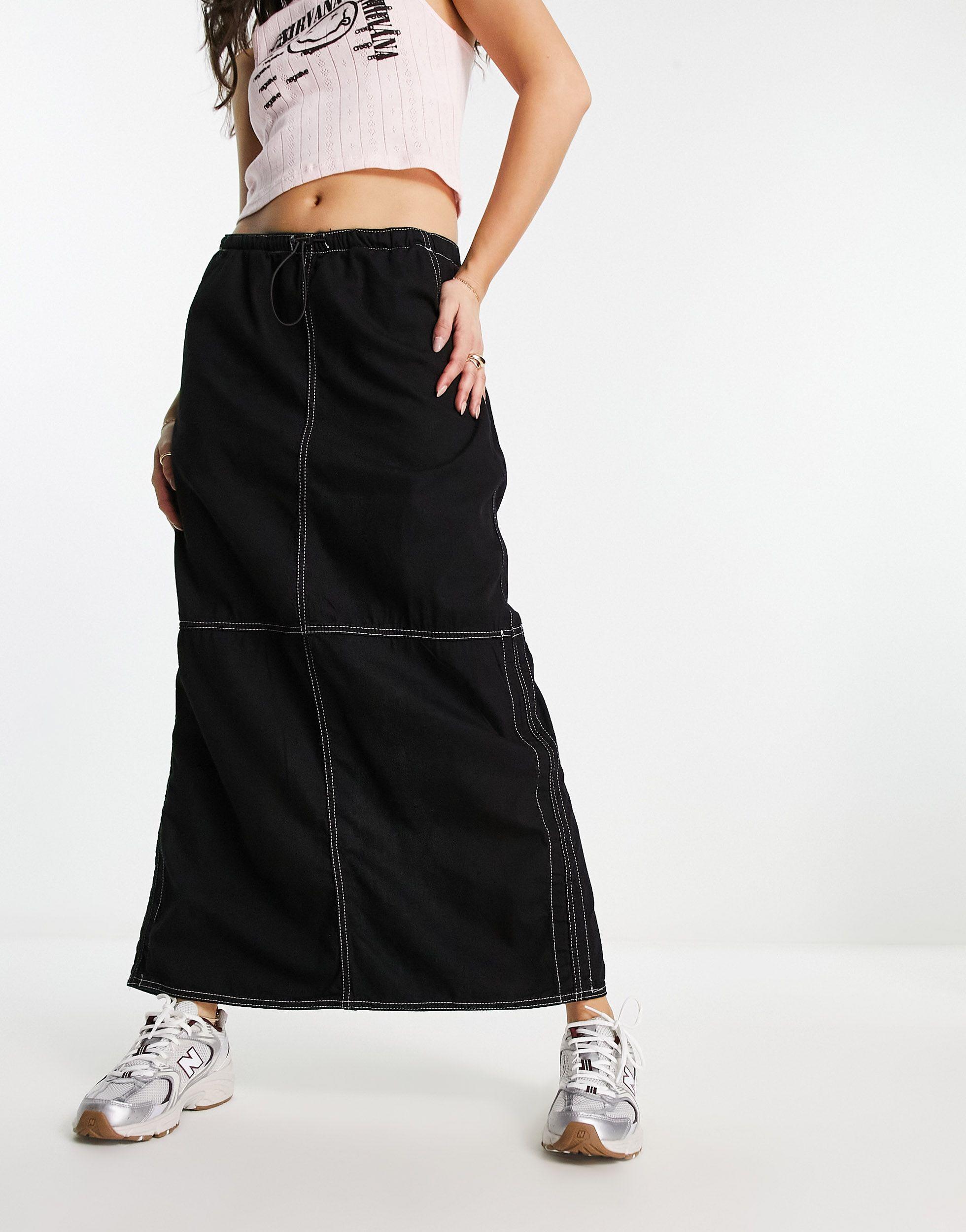 Bershka Contrast Stitch Cargo Maxi Skirt in Black | Lyst