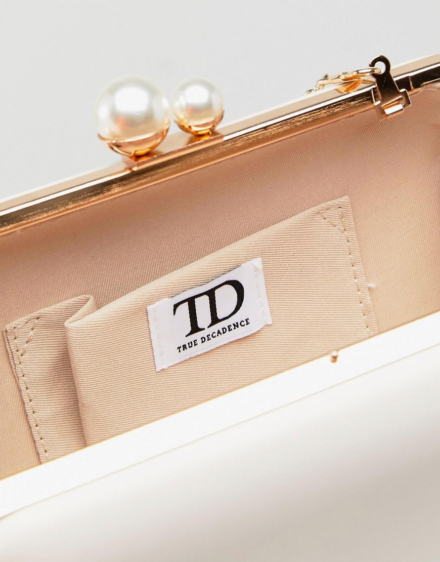 True Decadence Structured Box Clutch Bag in Silver Satin with Pearl Handle-White