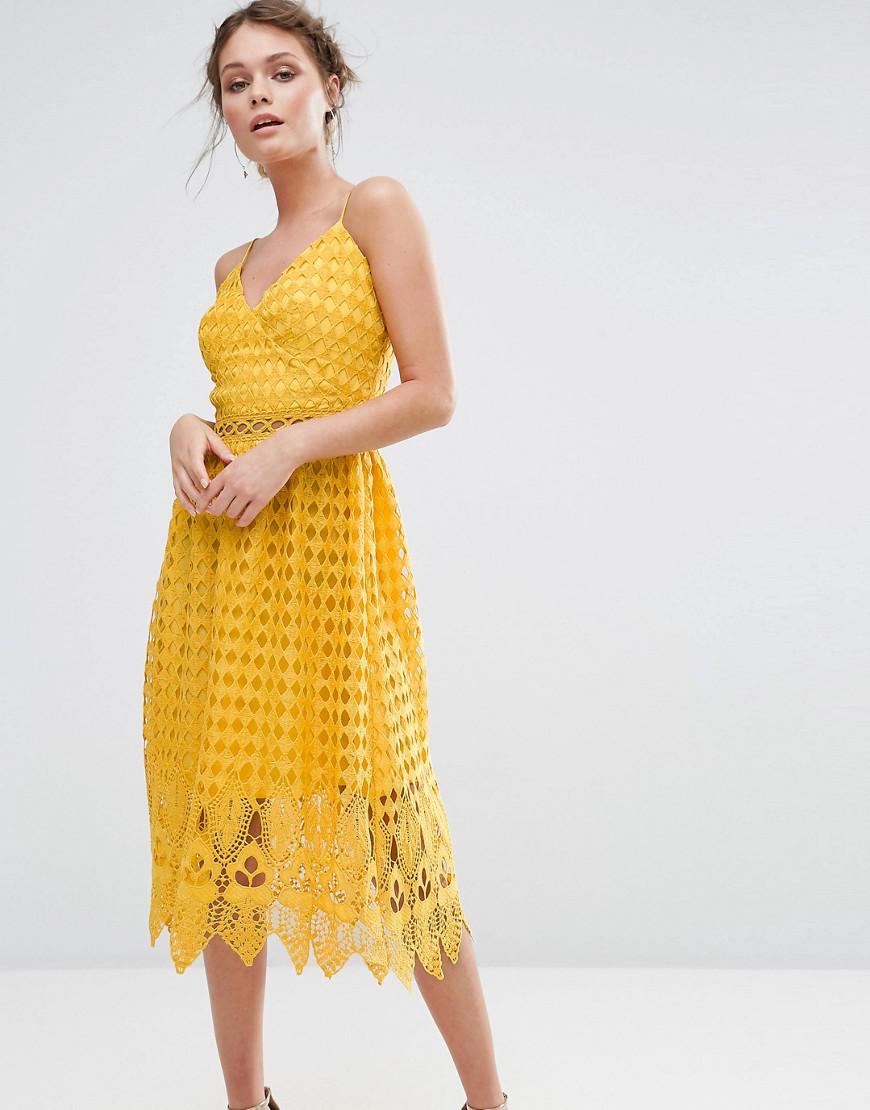 mustard lace midi dress