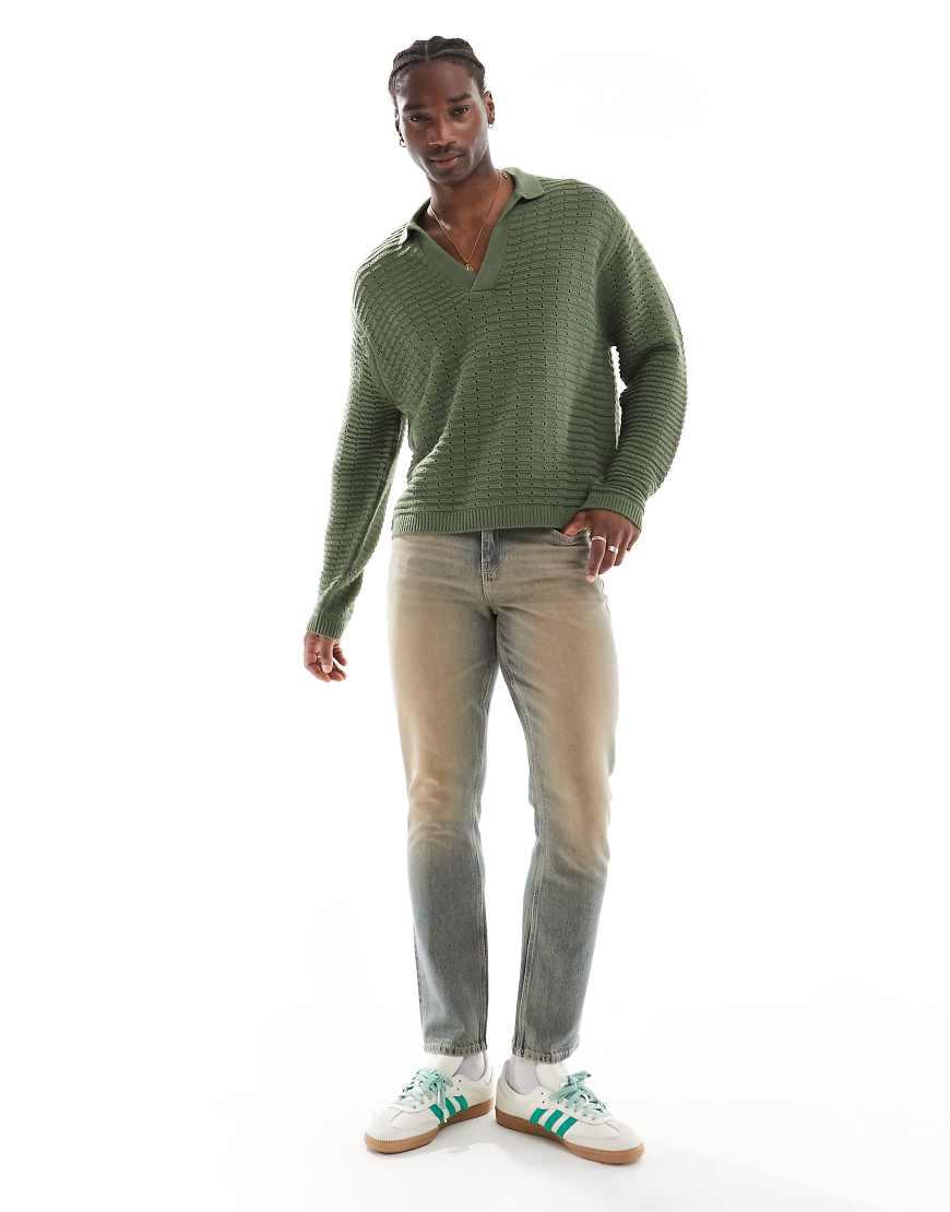 ASOS Oversized Boxy Knitted Long Sleeve Polo Shirt With Texture in