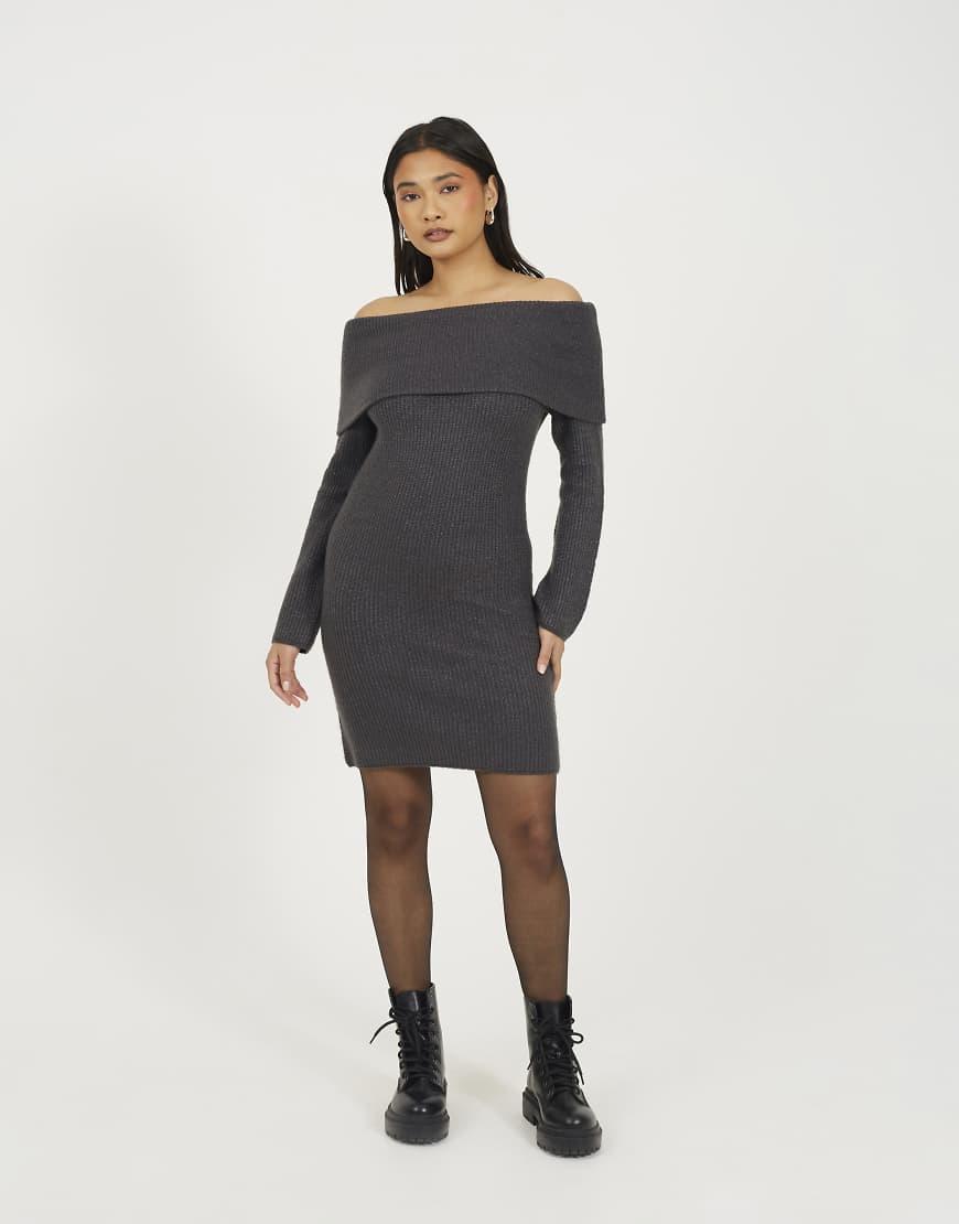 Brave Soul Bardot Ribbed Knit Mini Dress in Grey | Lyst UK