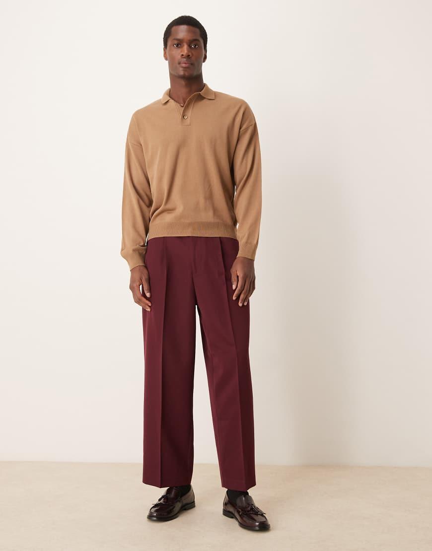 ASOS Relaxed Boxy Fit Knitted Long Sleeve Polo in Brown for Men