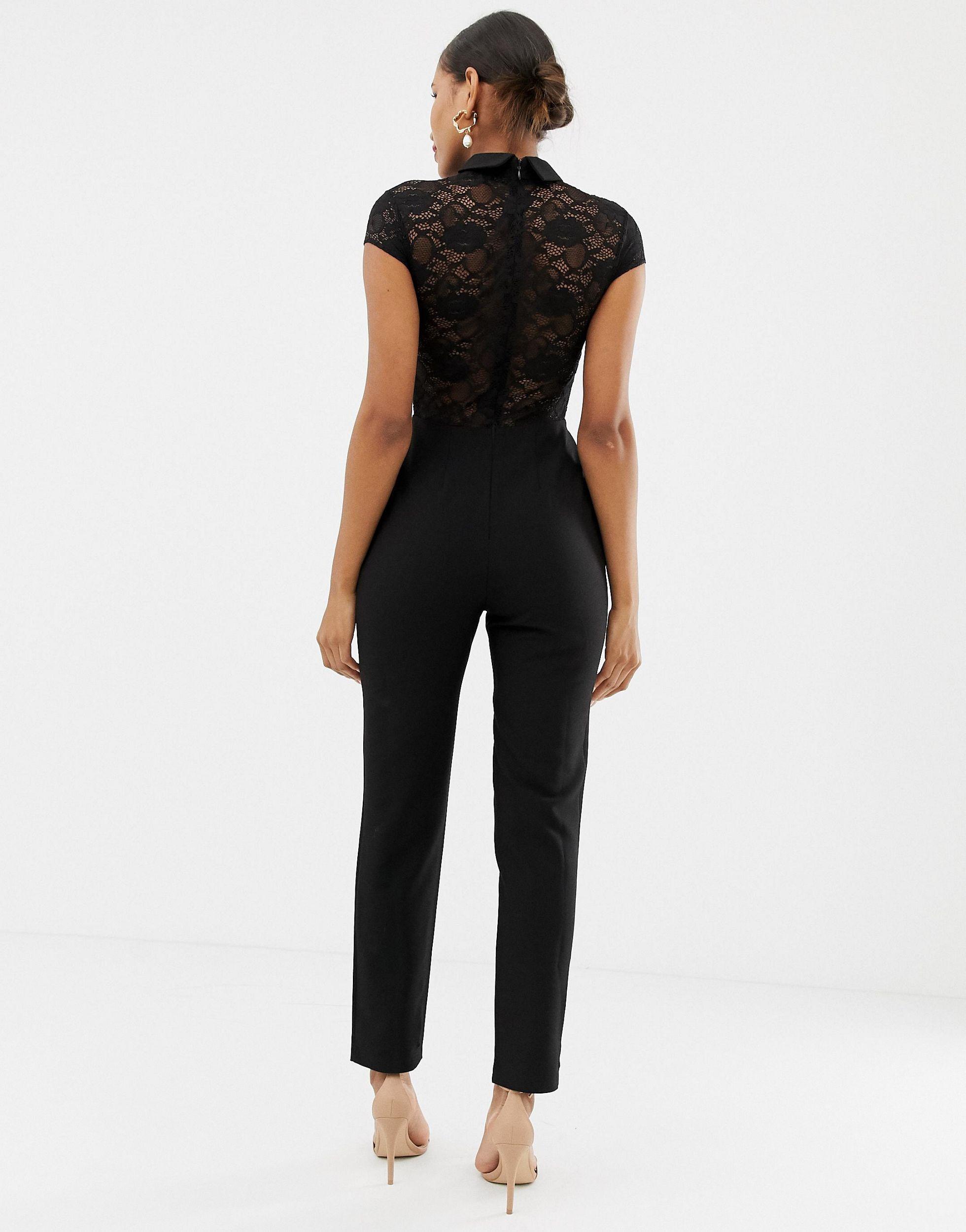 ASOS Lace Top Jumpsuit With Collar in Black | Lyst