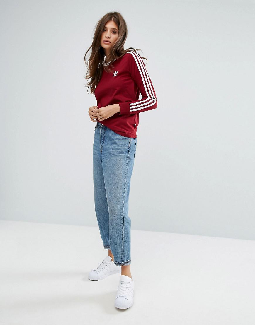 adidas Originals Cotton Originals Three Stripe Long Sleeve Top In Burgundy  in Red | Lyst