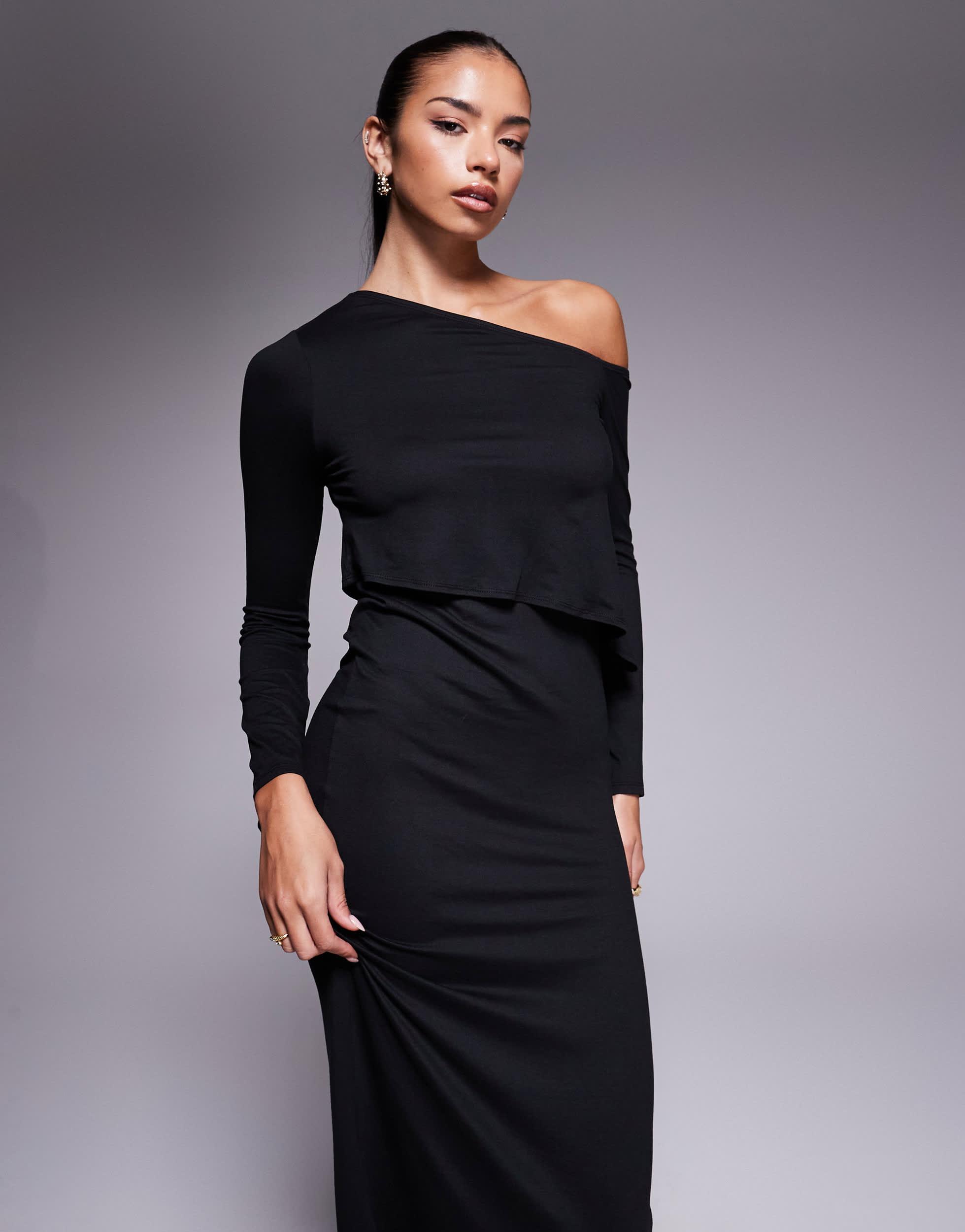ASOS Long Sleeve Fallen Shoulder Layered Midi Dress in Blue | Lyst