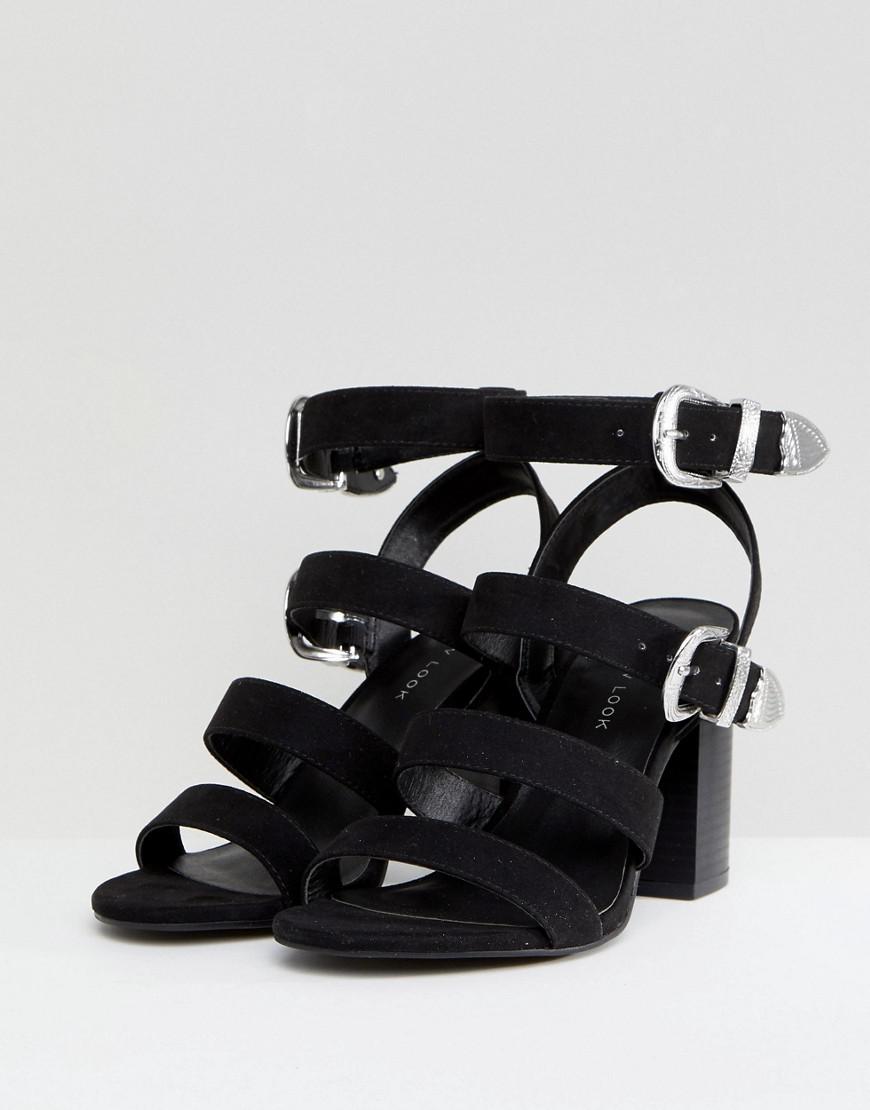 New Look Black Leather-Look Strappy Block Heel Sandals | very.co.uk