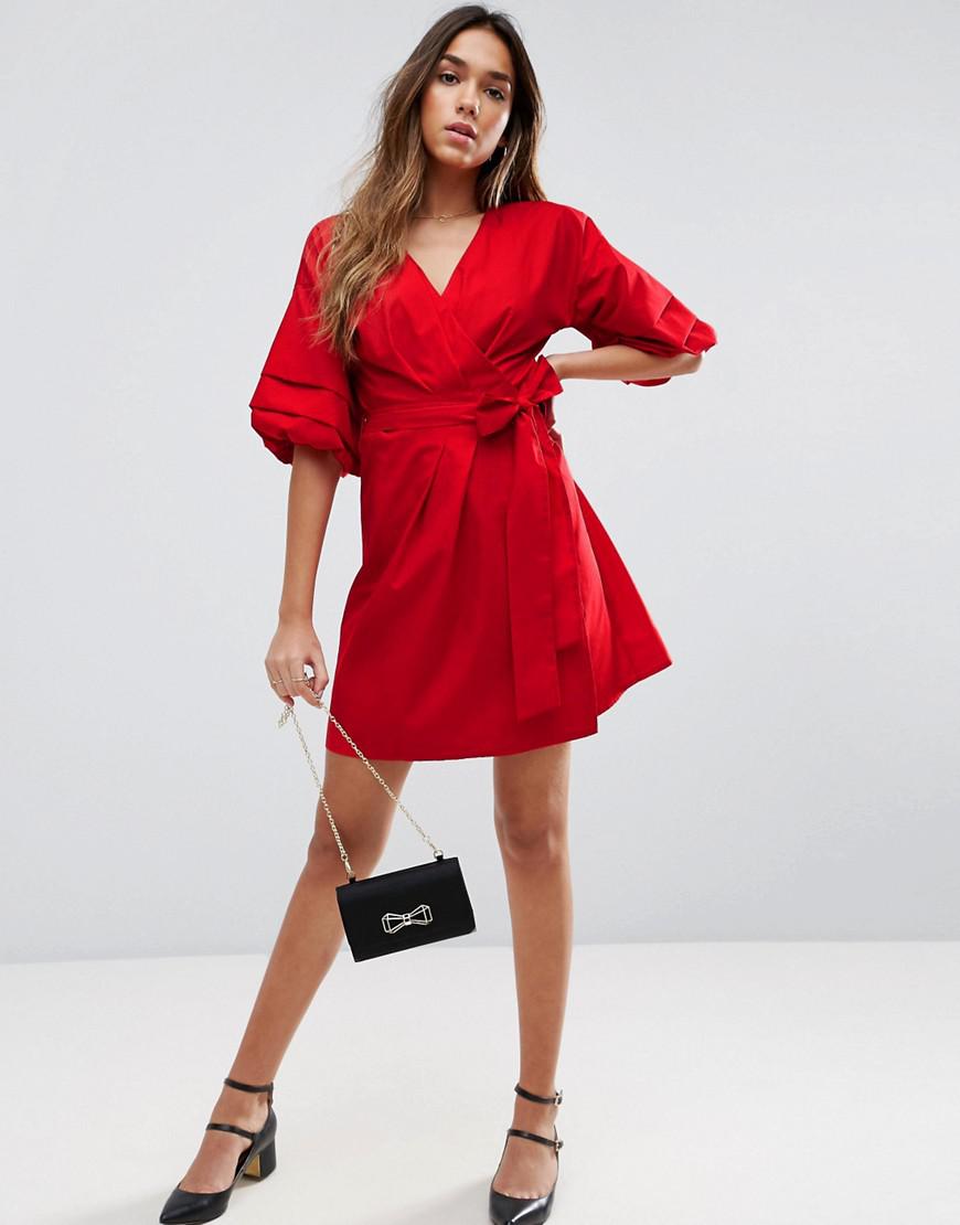 ASOS Wrap Dress In Cotton With Hitched Sleeves in Red - Lyst