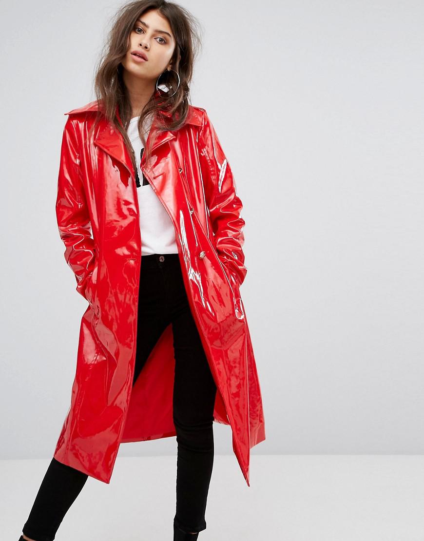 PrettyLittleThing Vinyl Trench Coat in Red | Lyst
