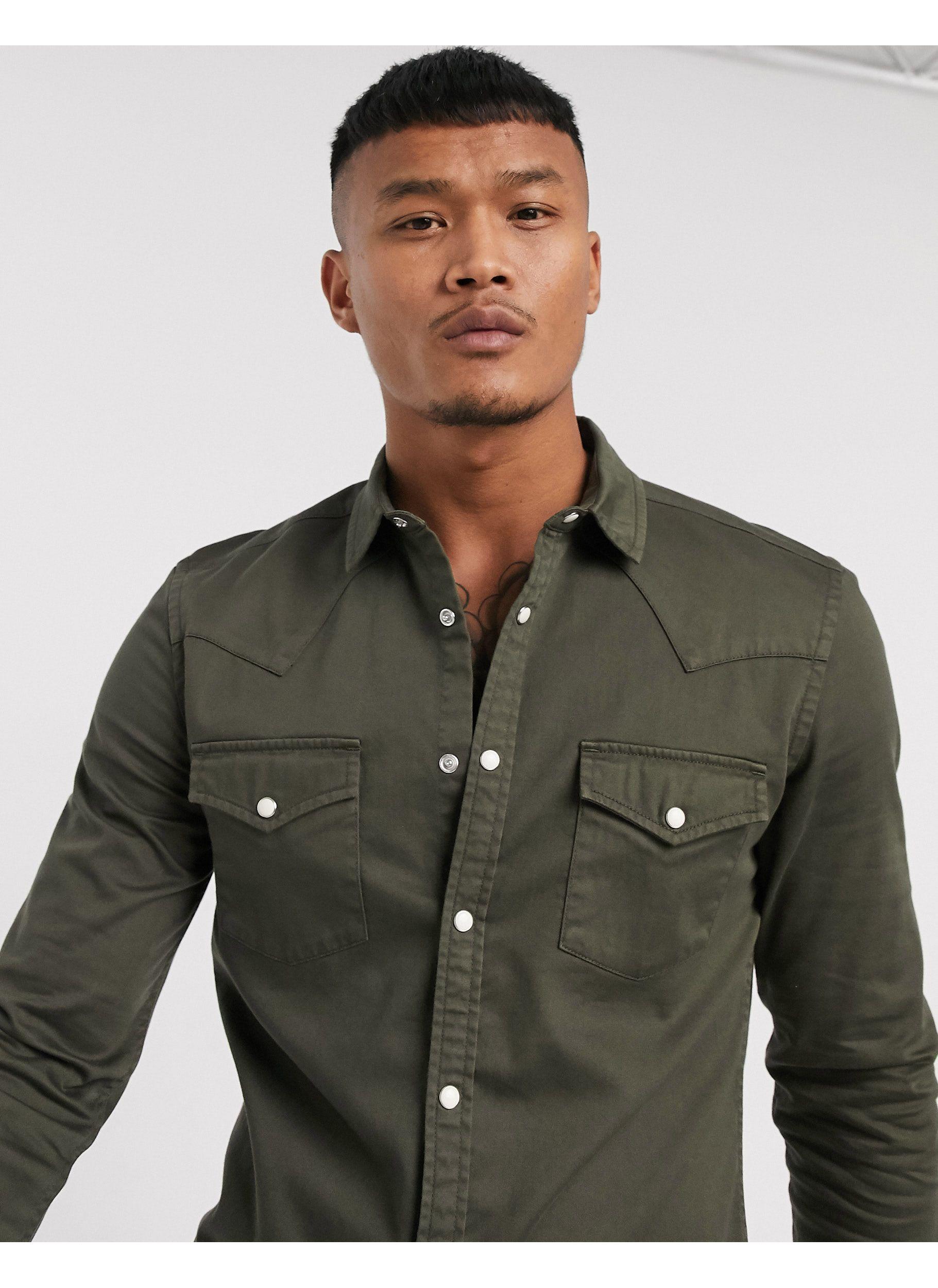 ASOS Skinny Fit Western Denim Shirt in Green for Men | Lyst