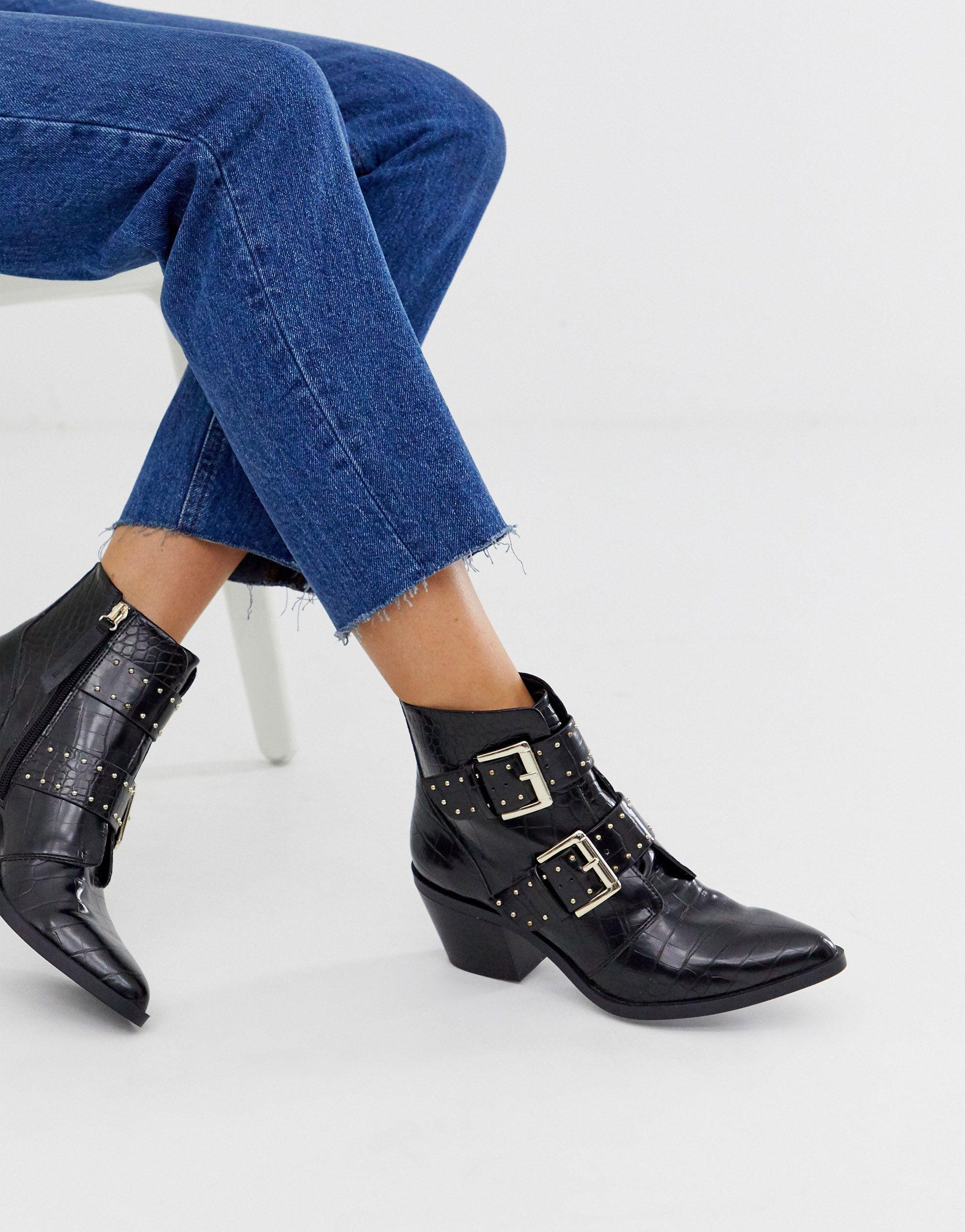Stradivarius Str Moc Croc Heeled Buckle Boots in Black Lyst UK