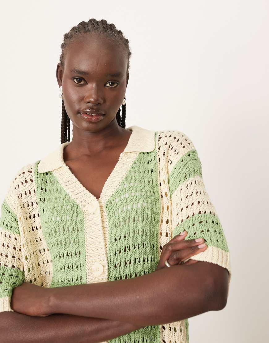 ARRANGE Knitted Vertical Stripe Oversized Shirt Co-ord in Green