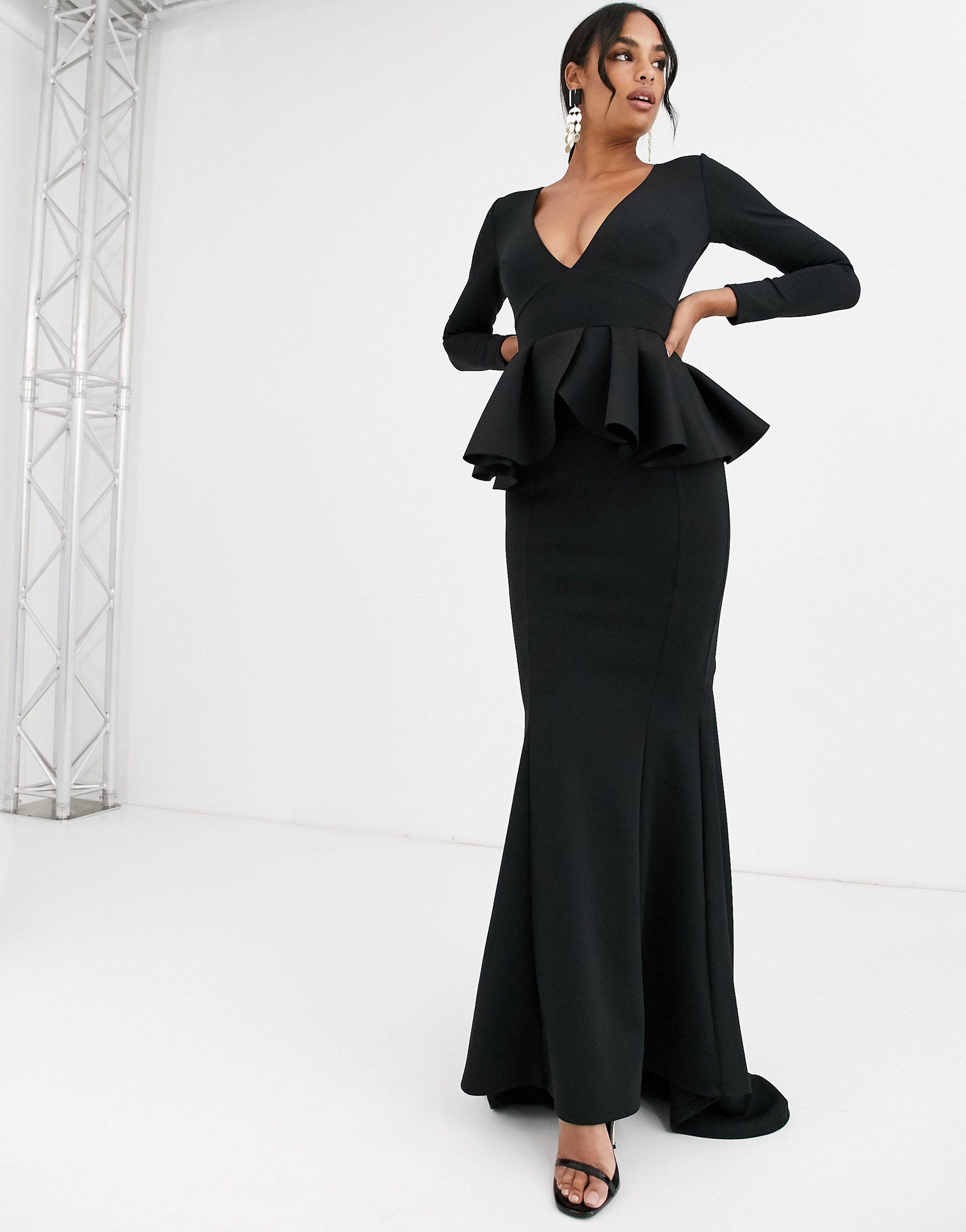 Drop Shoulder V-Neck Peplum Maxi Women Dress Black Medium 