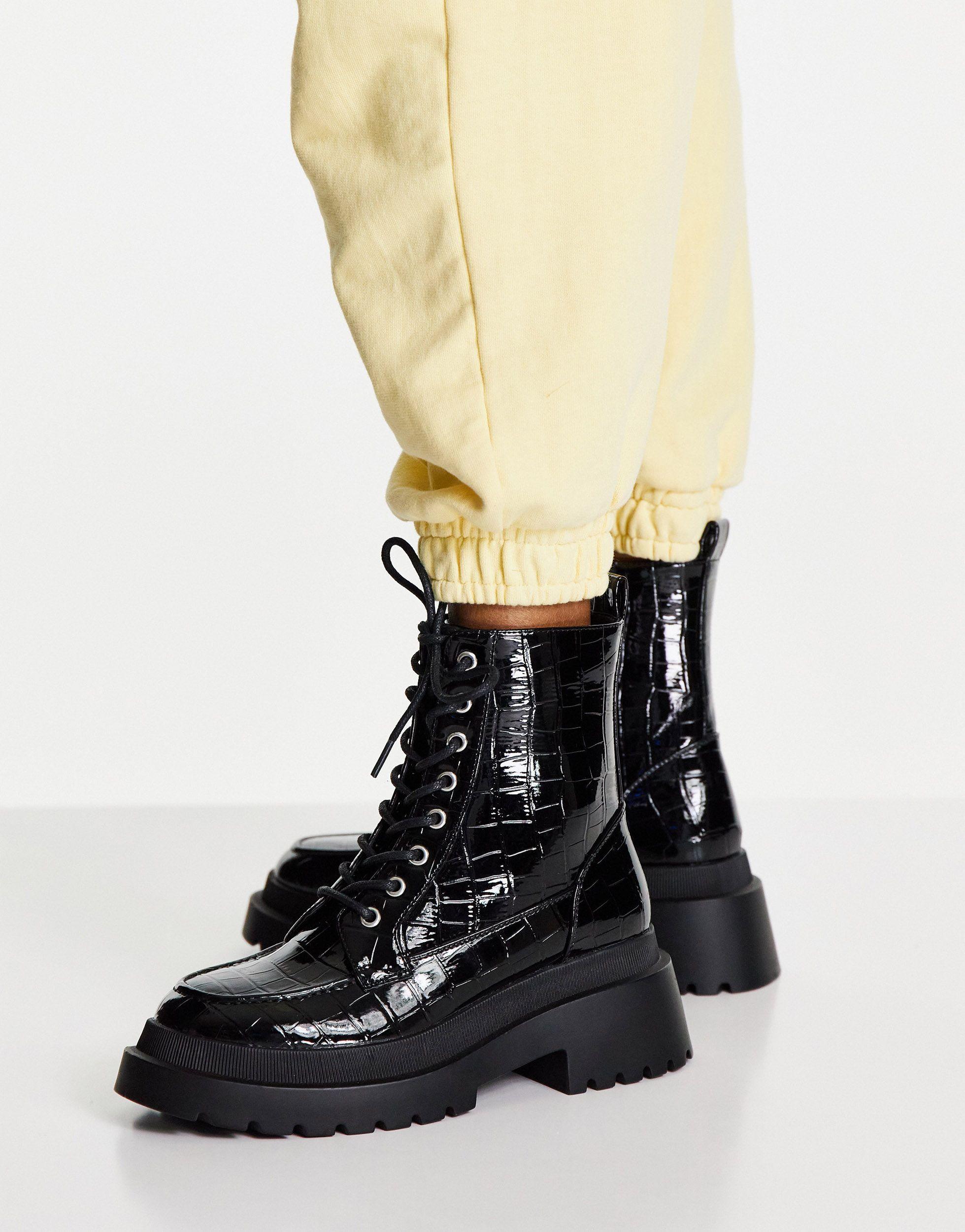 TOPSHOP Kara Chunky Croc Lace Up Boot in Black | Lyst