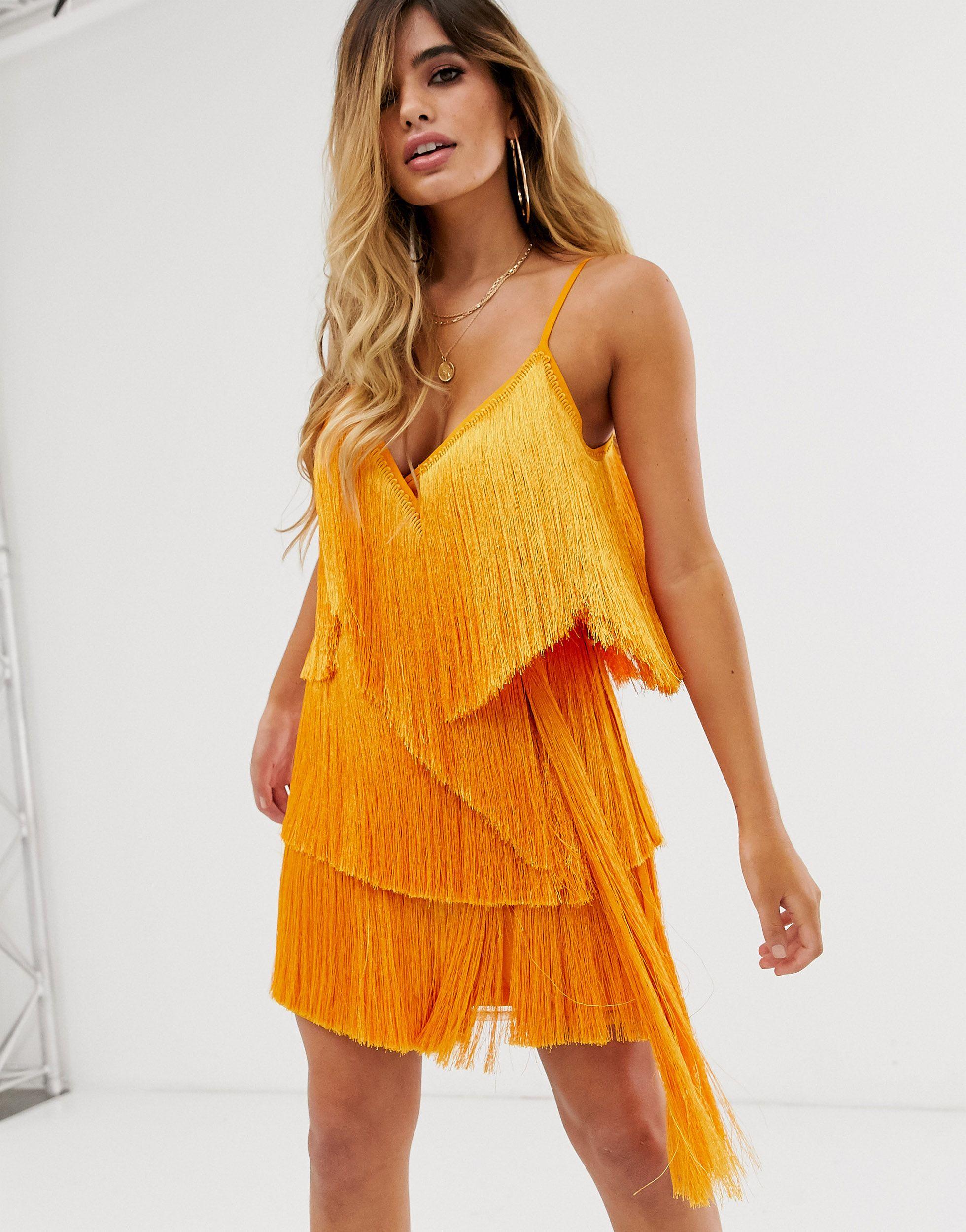 ASOS Synthetic Fringe Wrap Mini Dress With Train Detail in Orange | Lyst