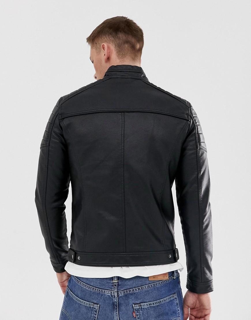 Jack & Jones Denim Core Faux Leather Racer Jacket in Black for Men - Lyst