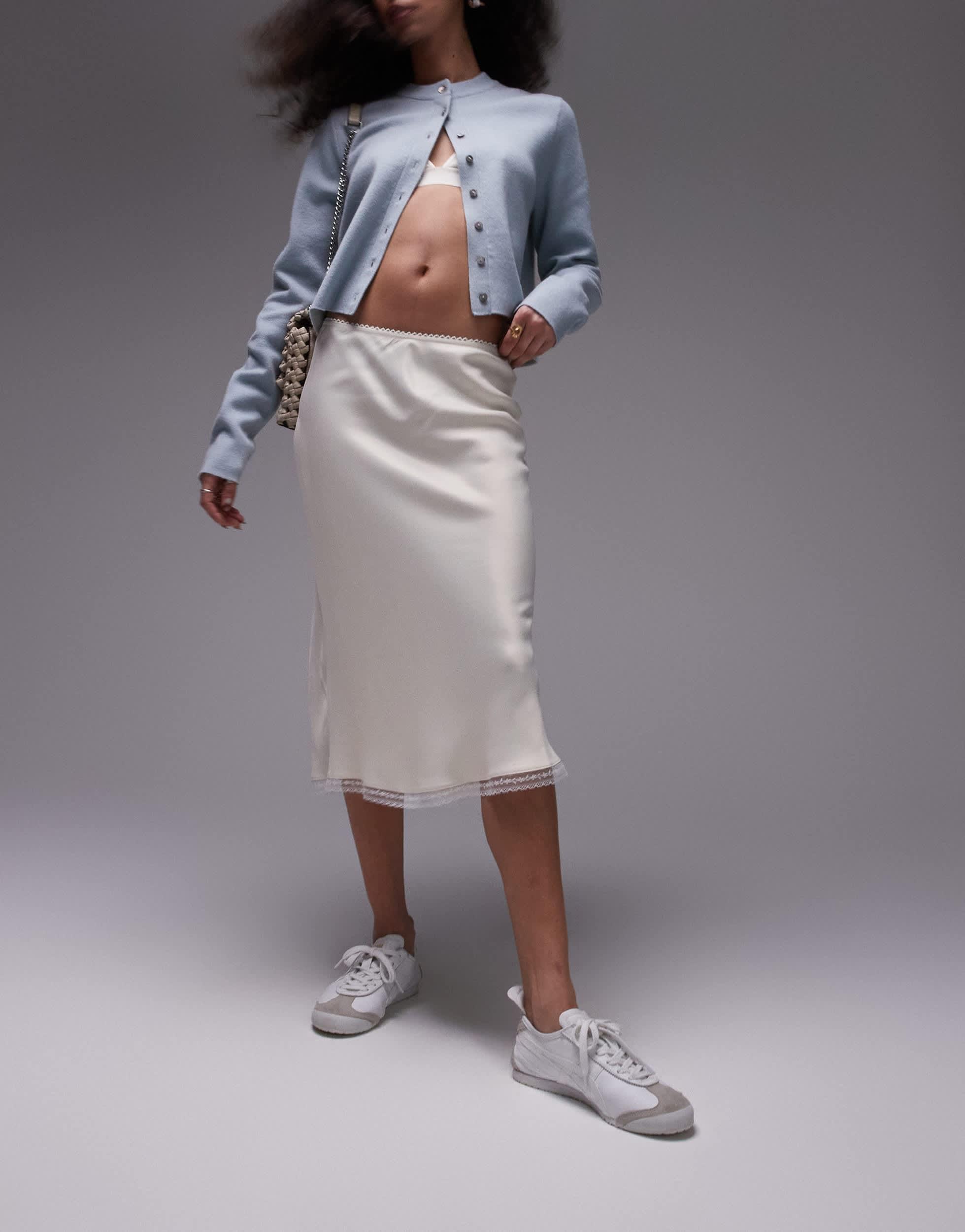 TOPSHOP Over Knee Length Bias Skirt With Lace Trim in Grey Lyst Australia