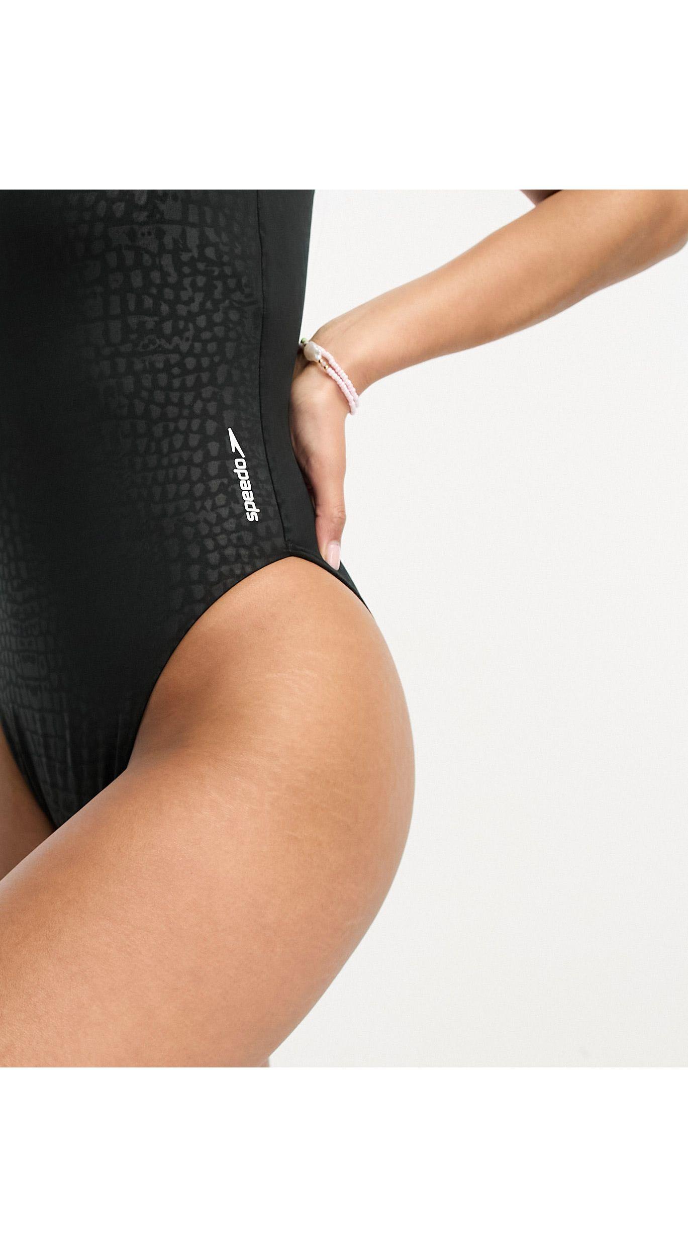 Speedo High Leg Embossed Print Swimsuit in Black | Lyst