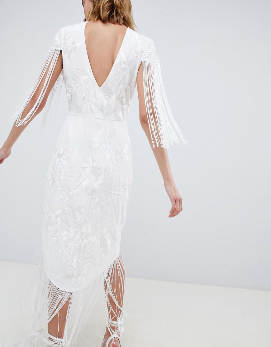 white fringe gown