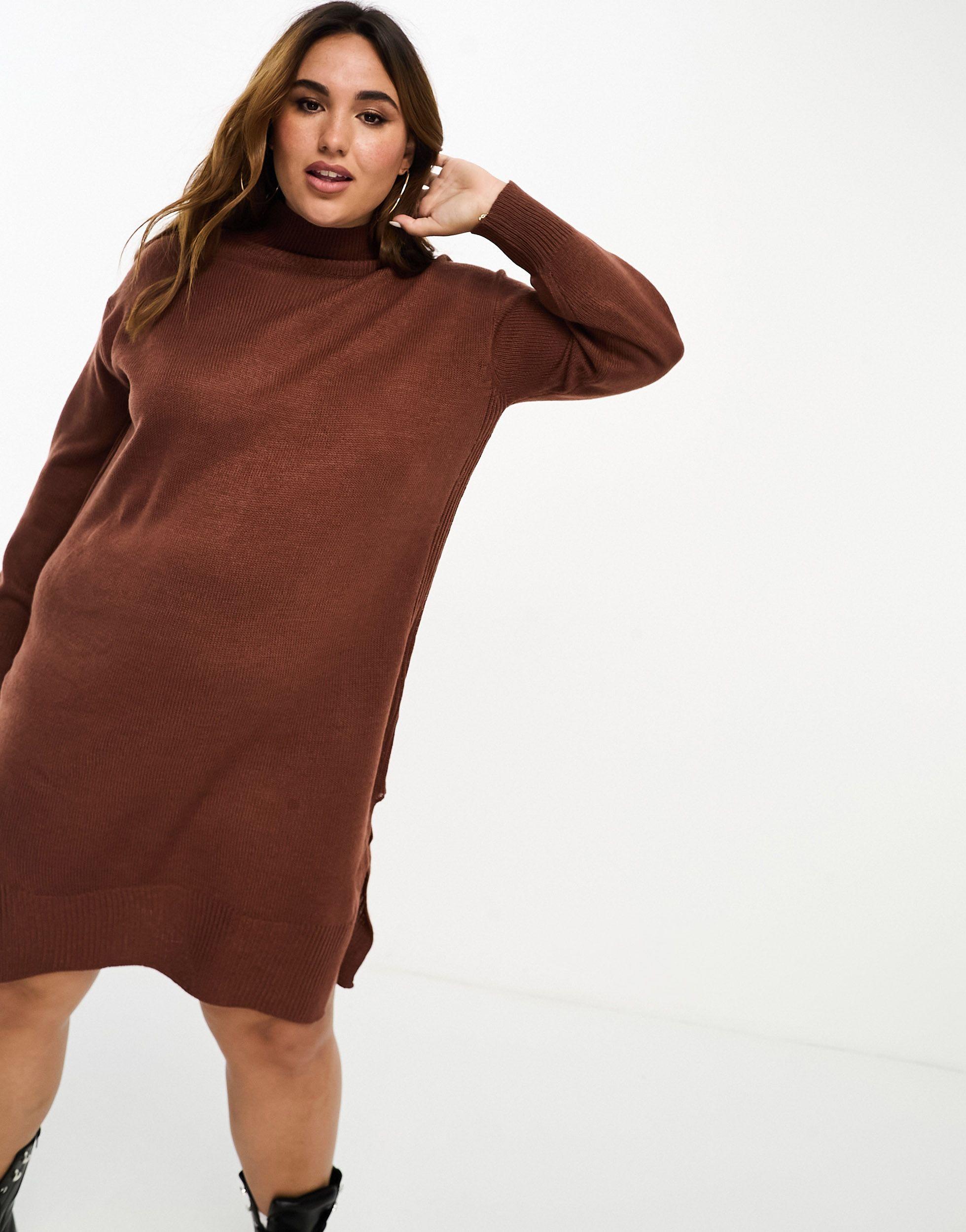 Brave Soul Plus Olivia Roll Neck Knitted Midi Dress in Brown | Lyst UK