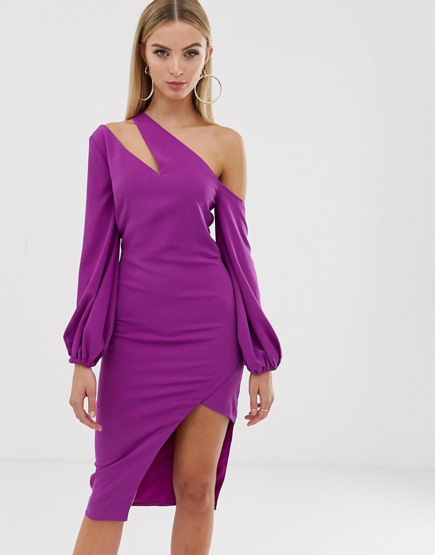 Lavish Alice Synthetic One Shoulder Balloon Sleeve Midi Dress in Purple - Lyst