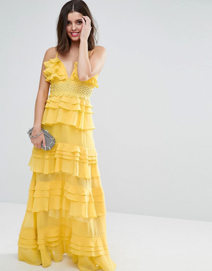 True Decadence Plunge Front Tiered Ruffle Maxi Dress in Yellow