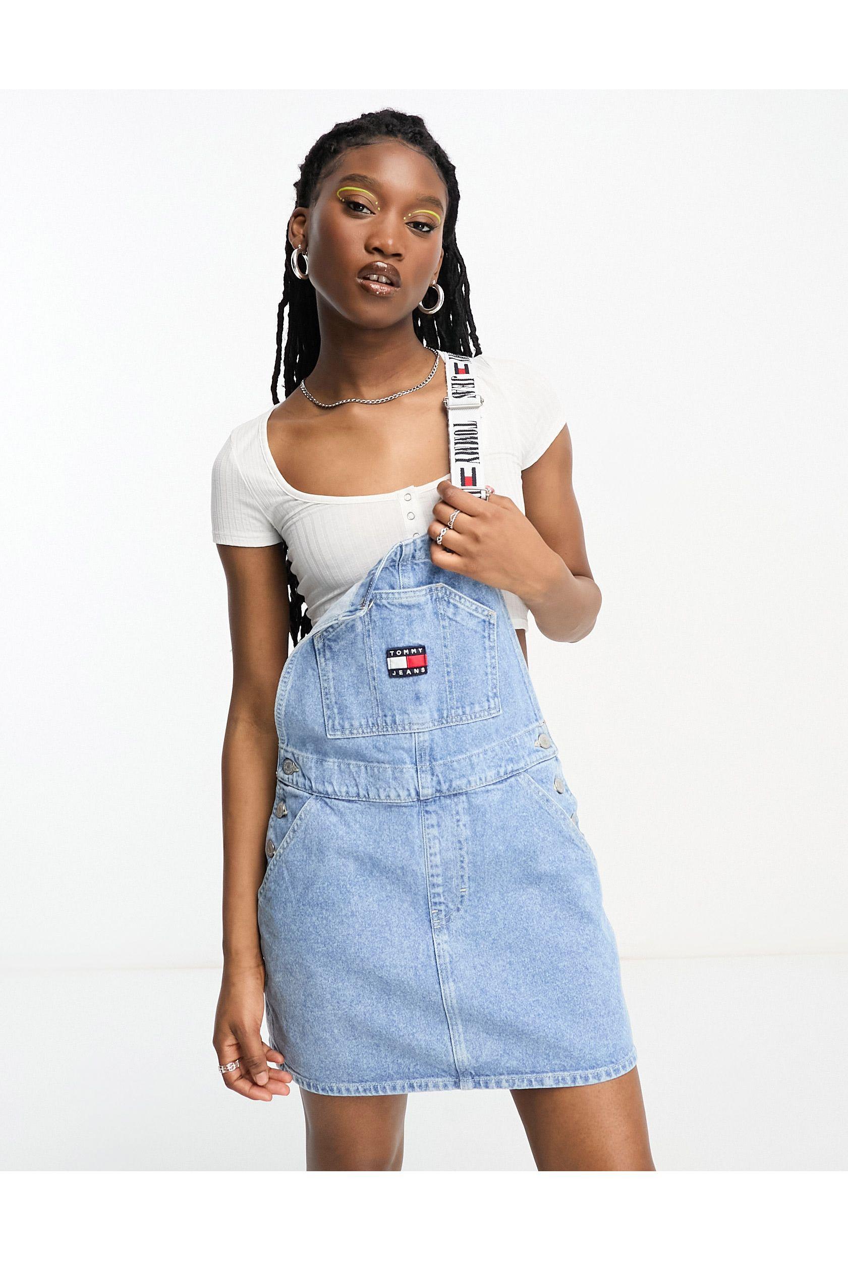 Tommy Hilfiger Logo Detail Denim Dungaree Dress in Blue | Lyst Australia