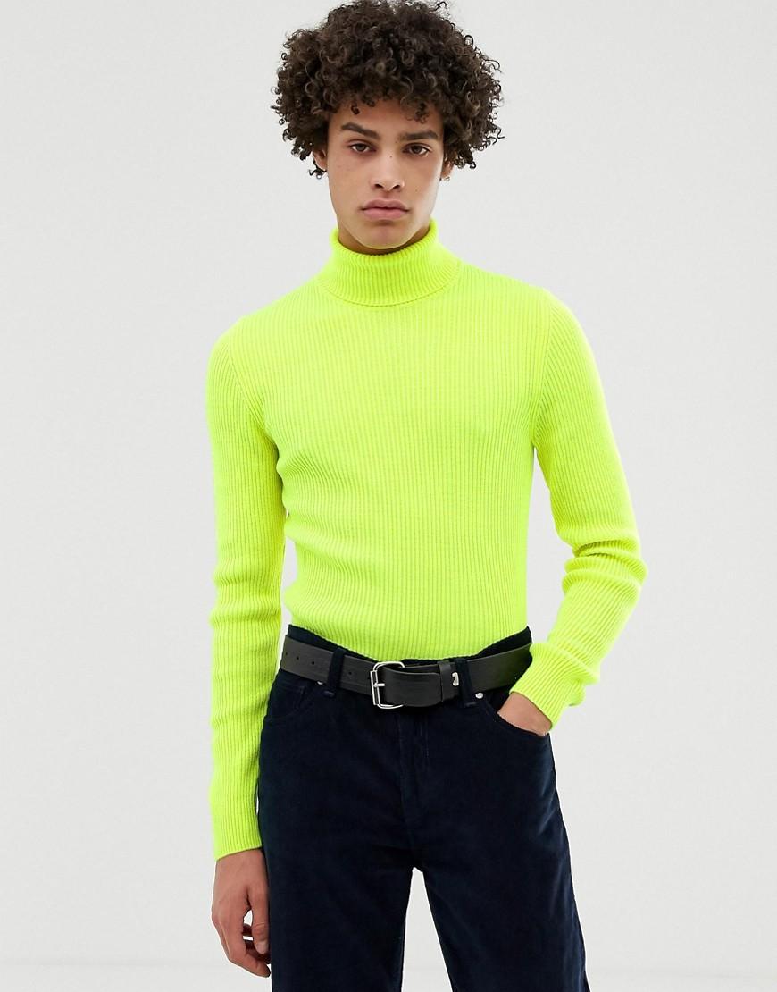 ASOS Muscle Fit Ribbed Roll Neck Sweater In Neon Yellow in Green for Men |  Lyst