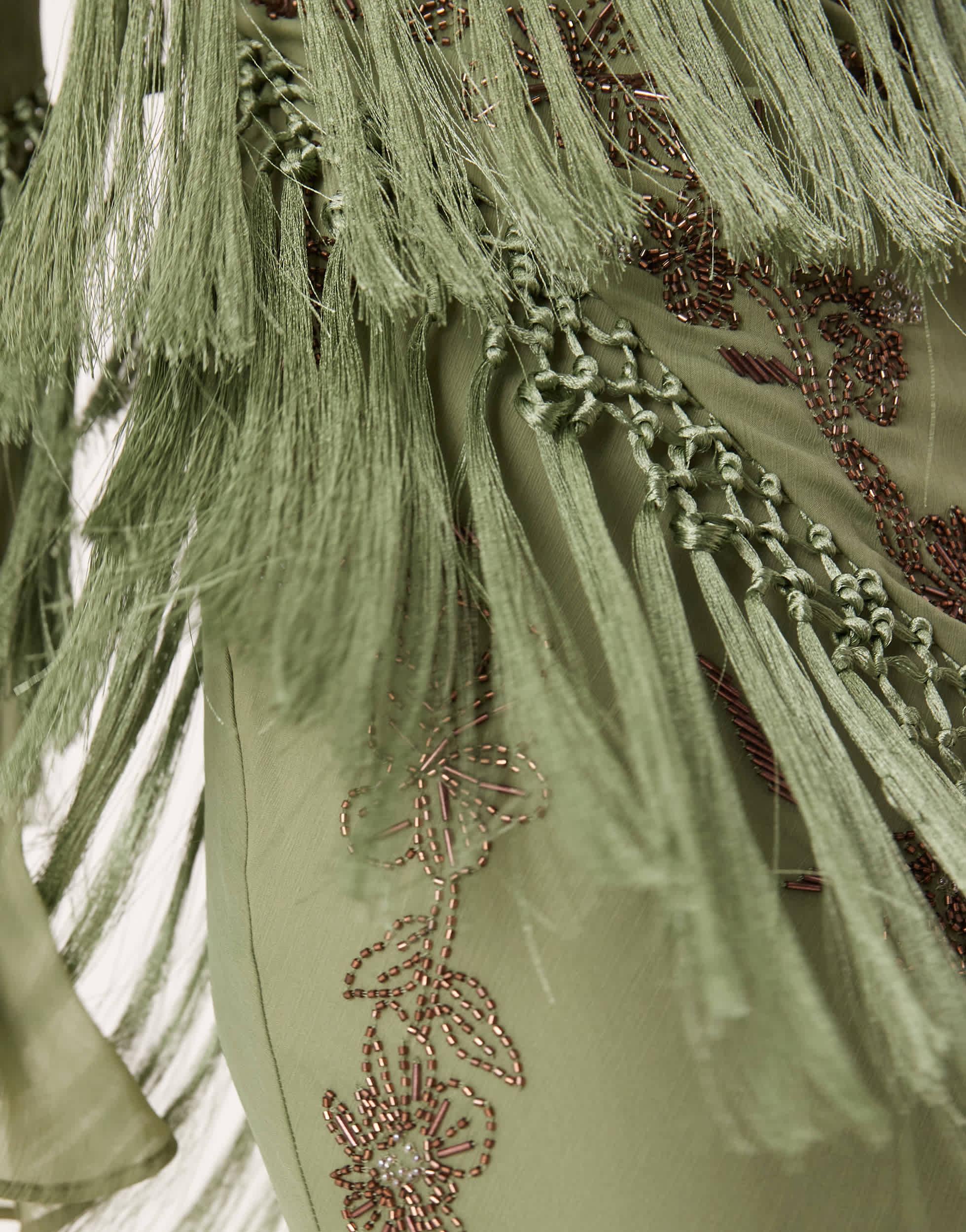 ASOS Long Sleeve Floral Embellished Maxi Dress With Draped Fringe in Green  | Lyst