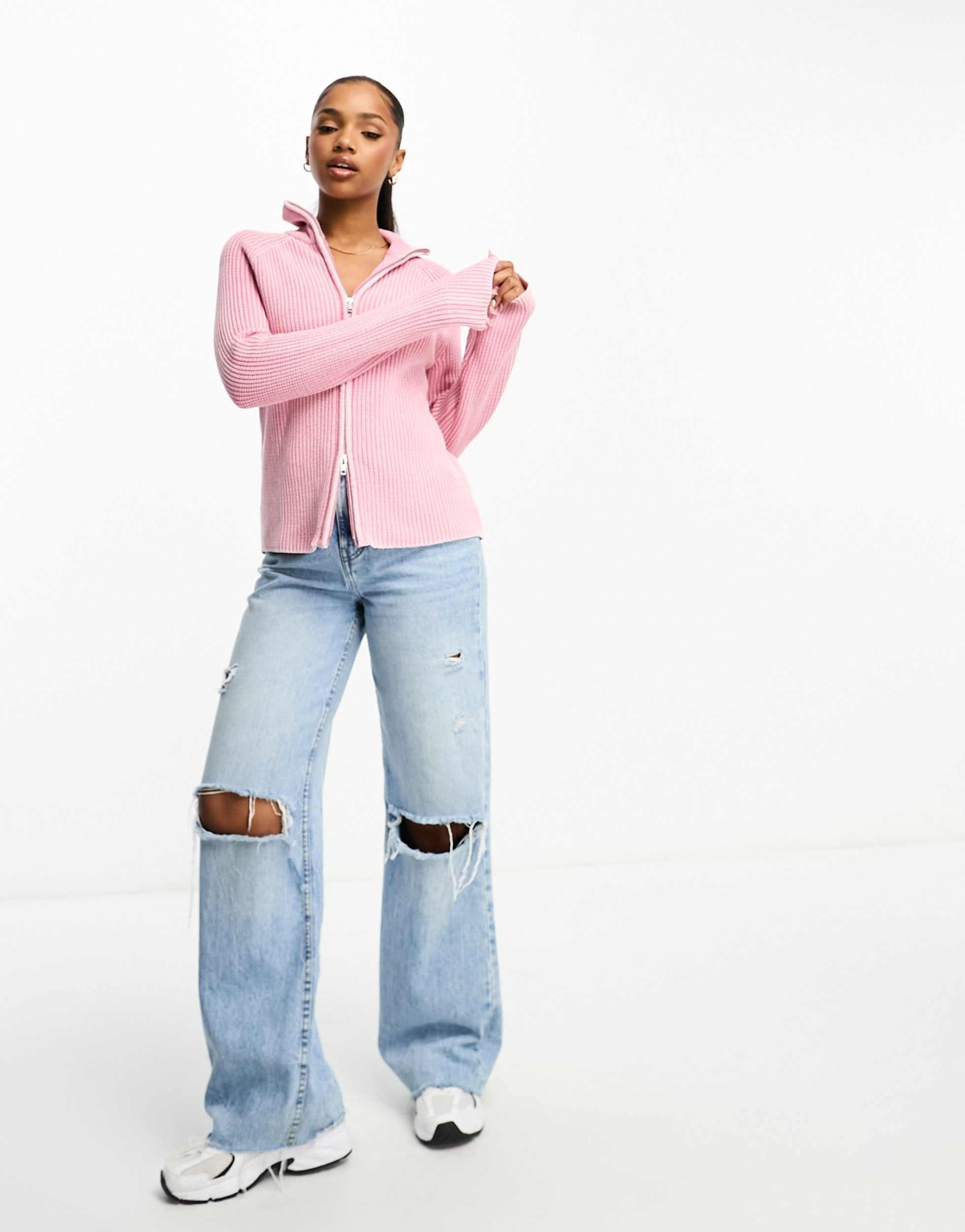 Monki Ribbed Knitted Two Way Zip Cardigan in Pink | Lyst Monki Ribbed Knitted Two Way Zip Cardigan in Pink | Lyst