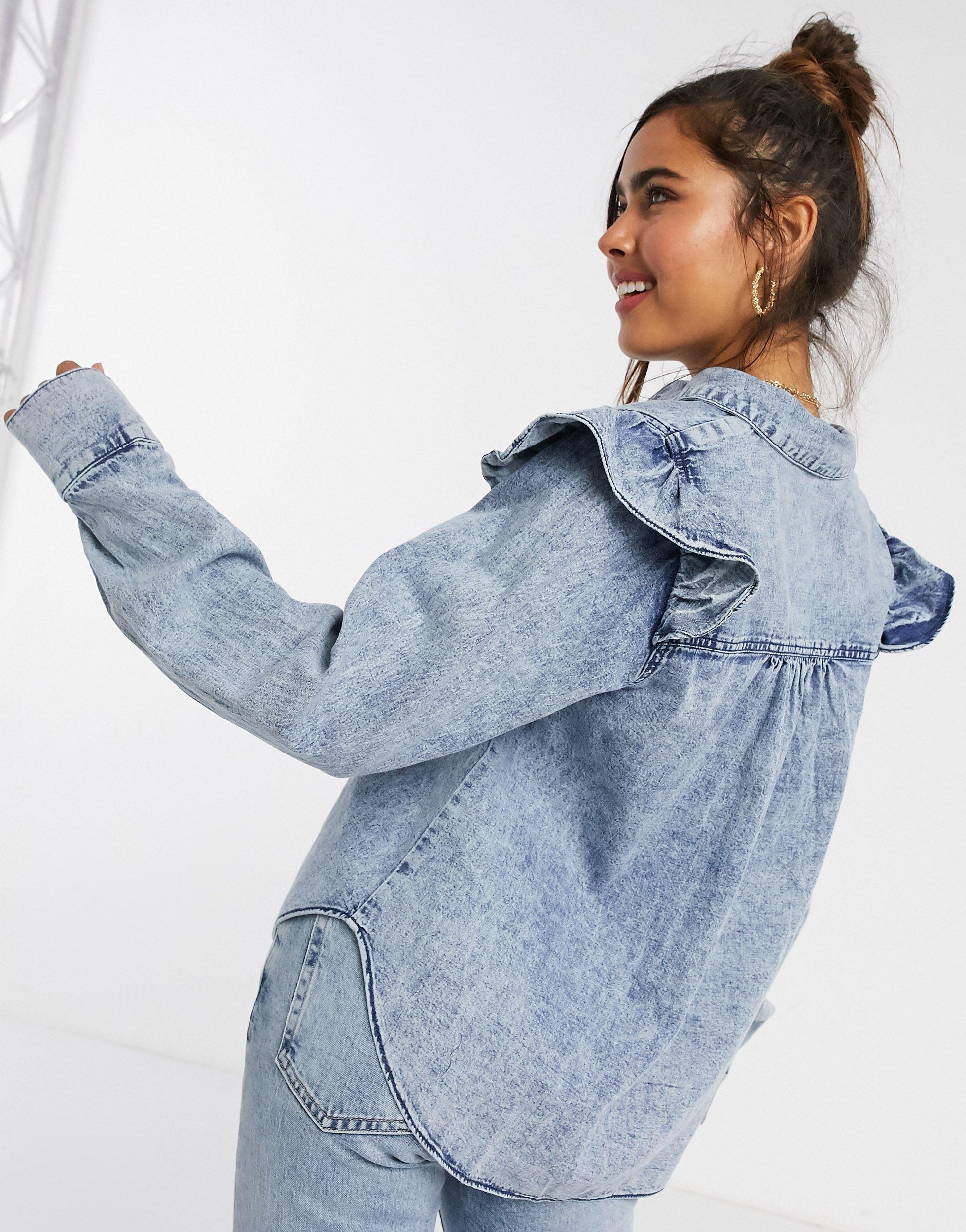 Free People Ruffle Denim Shirt in Blue 