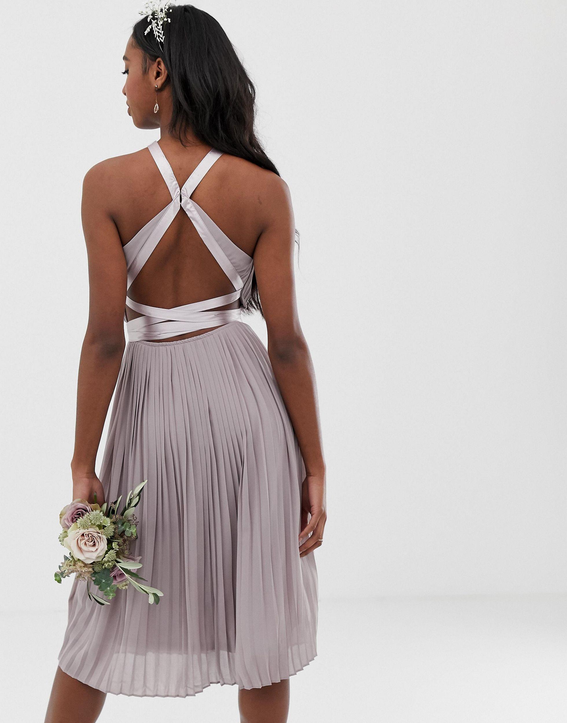 tfnc pleated maxi bridesmaid dress with cross back and bow detail