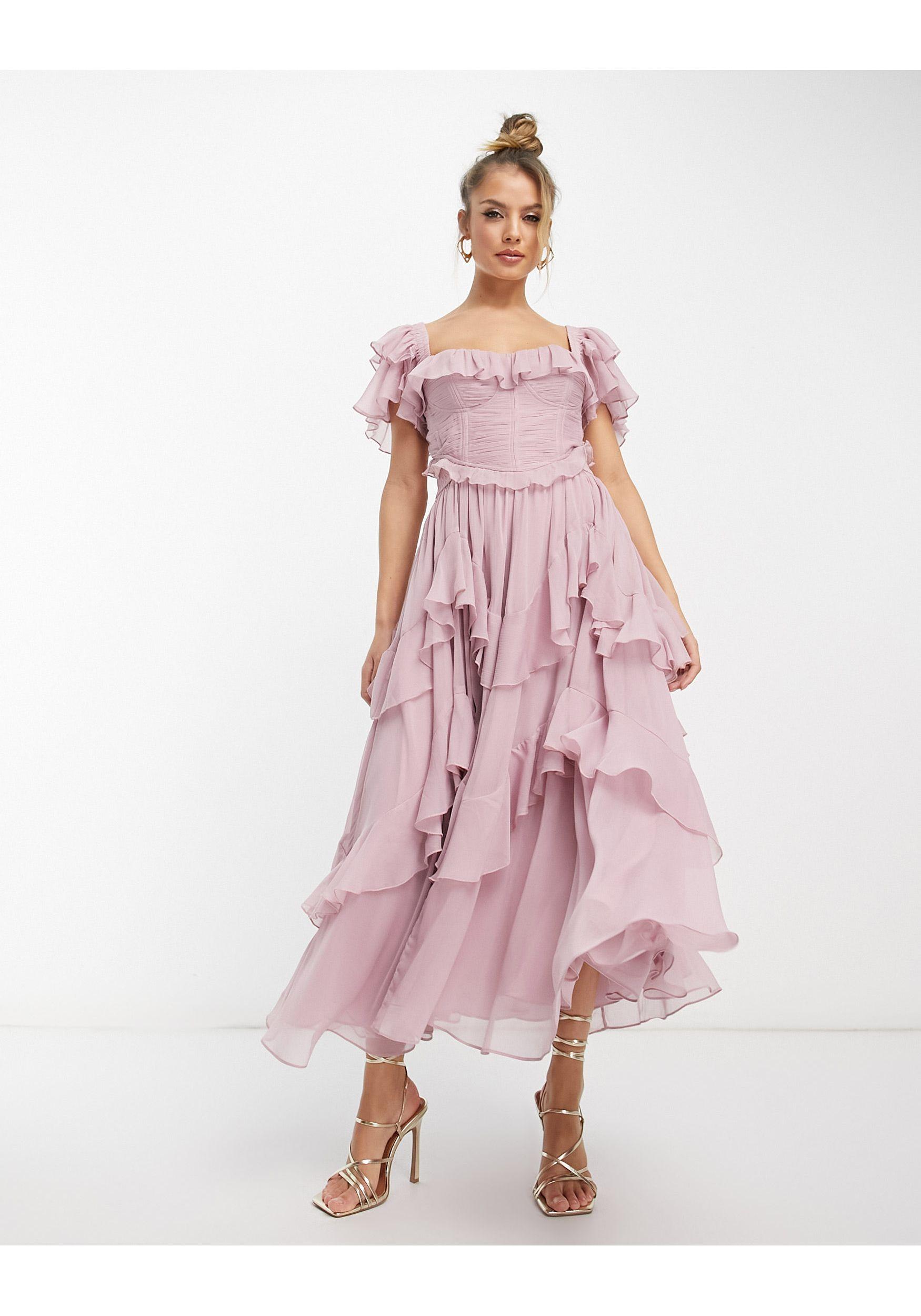ASOS Flutter Sleeve Ruched Corset Detail Tiered Midi Dress in Pink