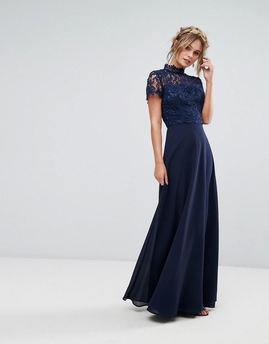 Chi Chi London 2 In 1 High Neck Maxi Dress With Crochet Lace in Navy (Blue)  - Lyst