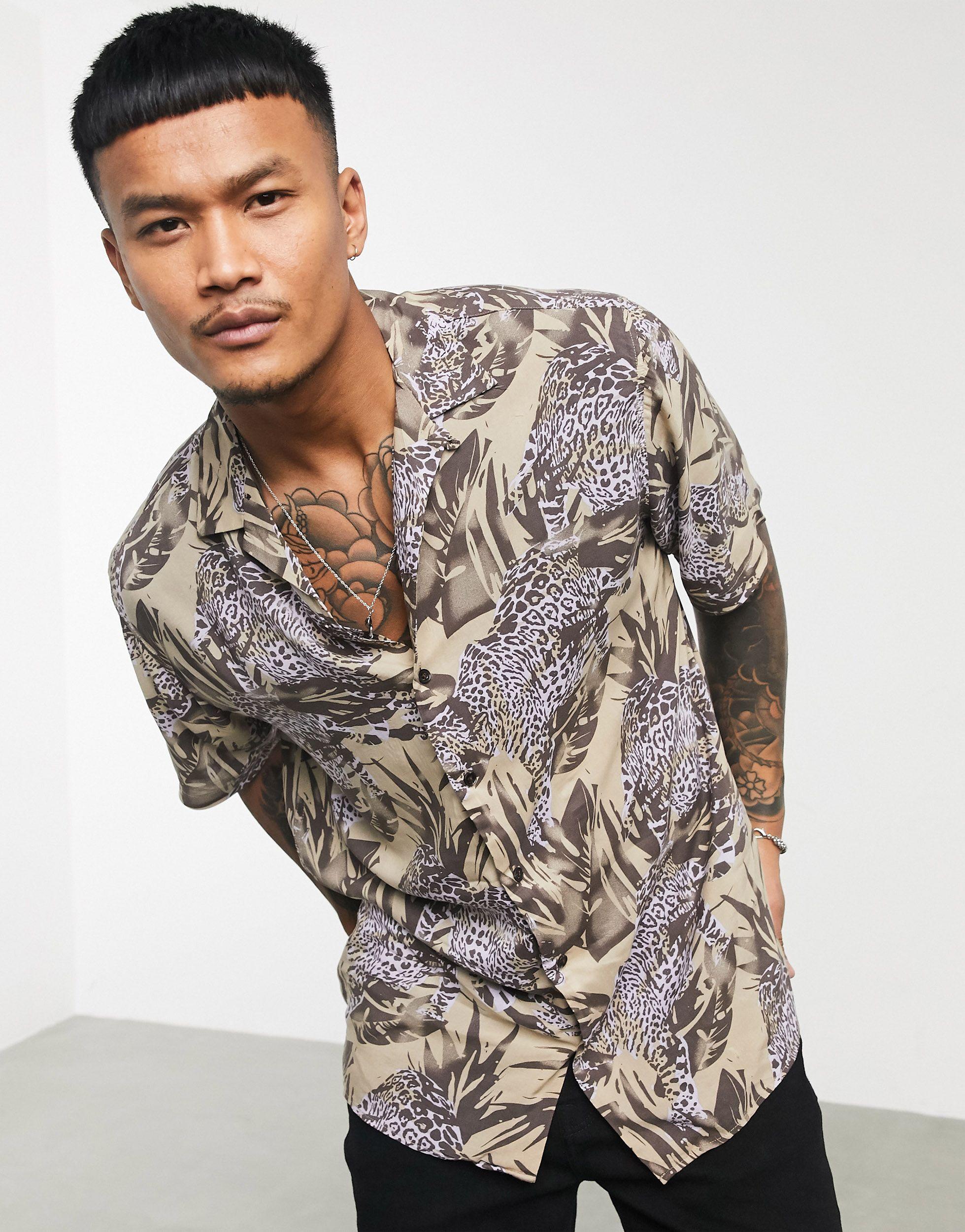 Jack & Jones Originals Revere Collar Short Sleeve Shirt With Palm Tree  Leopard Print-neutral in Natural for Men | Lyst Canada