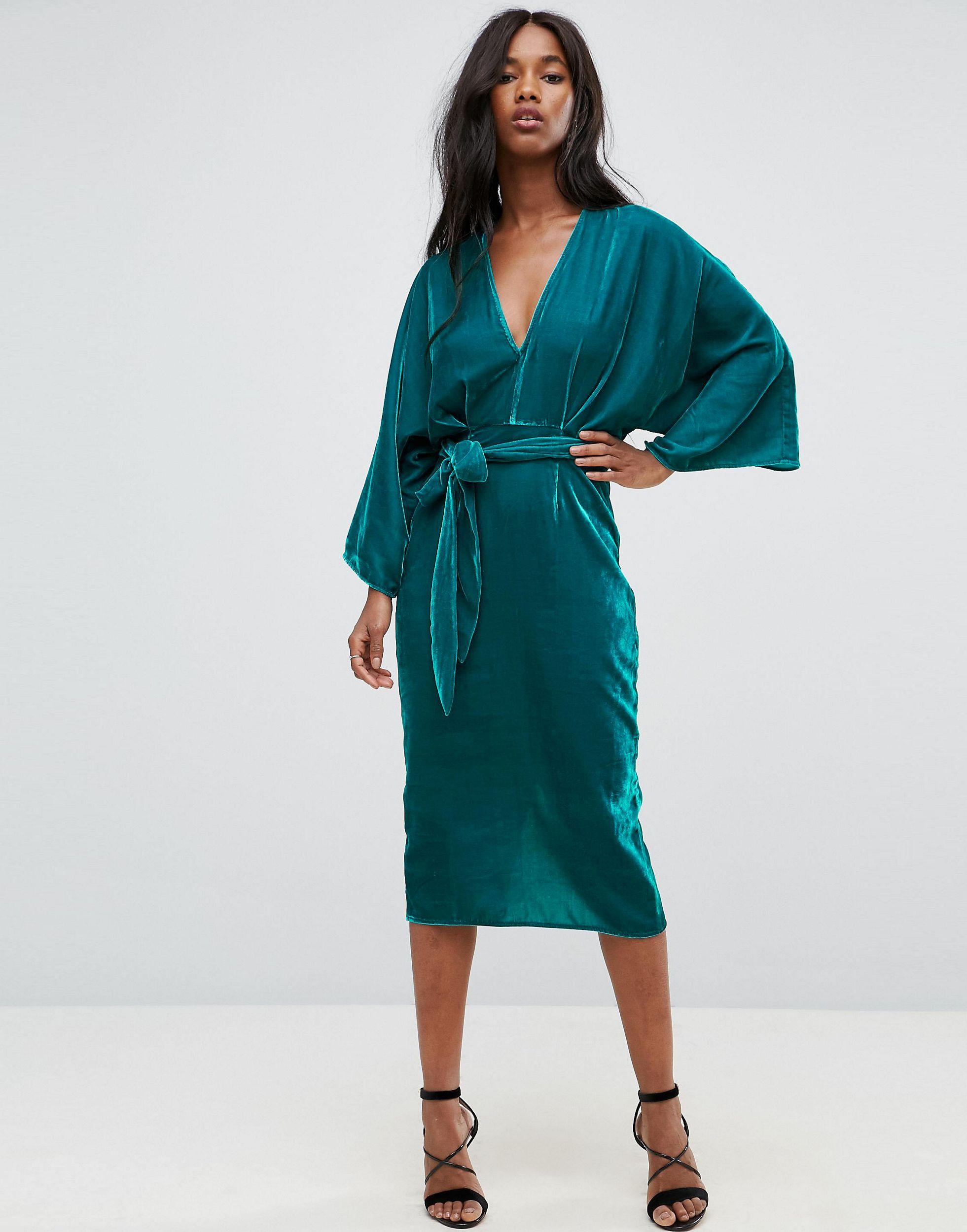 ASOS Asos Velvet Plunge Kimono Midi Dress With Tie Waist in Blue | Lyst